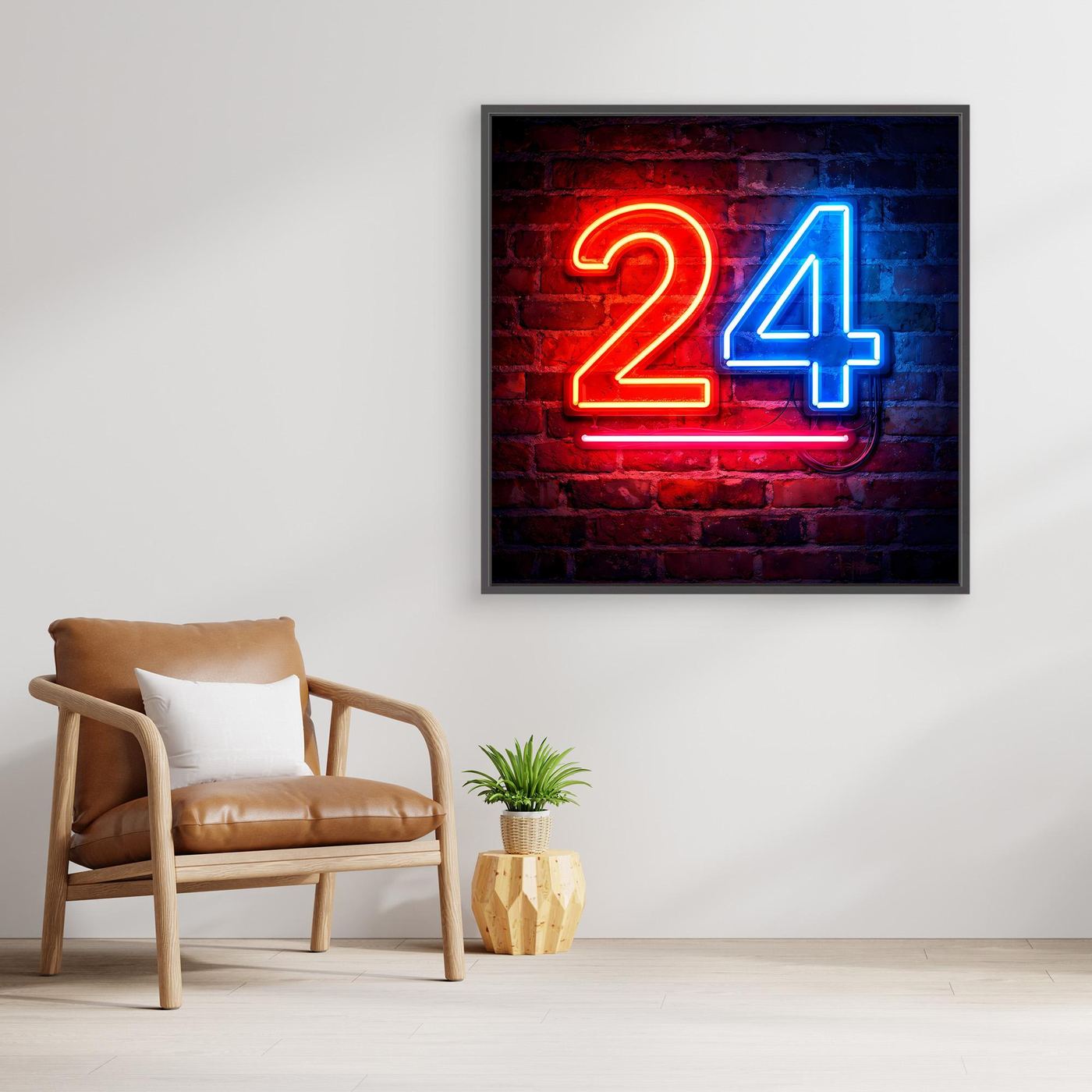 Wandbild mit Neon-Zahl 24 auf Backstein, rechteckig, Rahmen dunkel