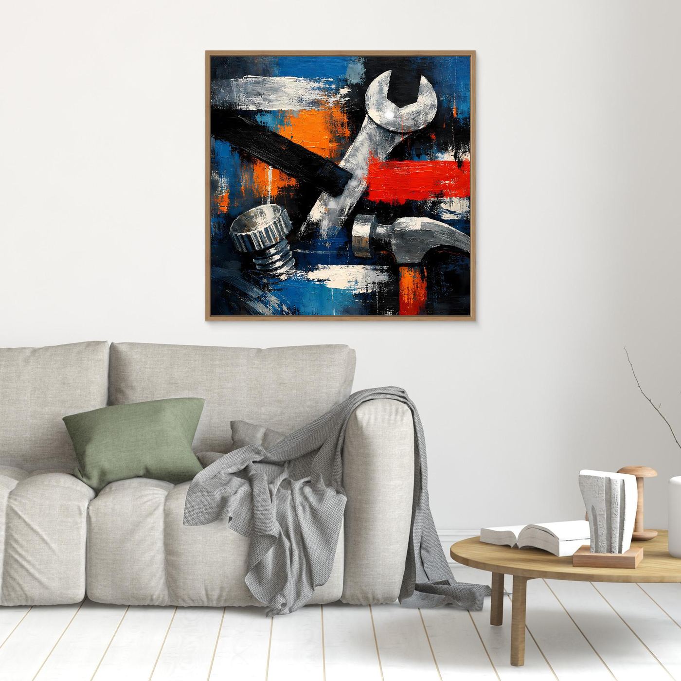 Small framed abstract tool wall art canvas with wrench and tools in blue, orange, and red.