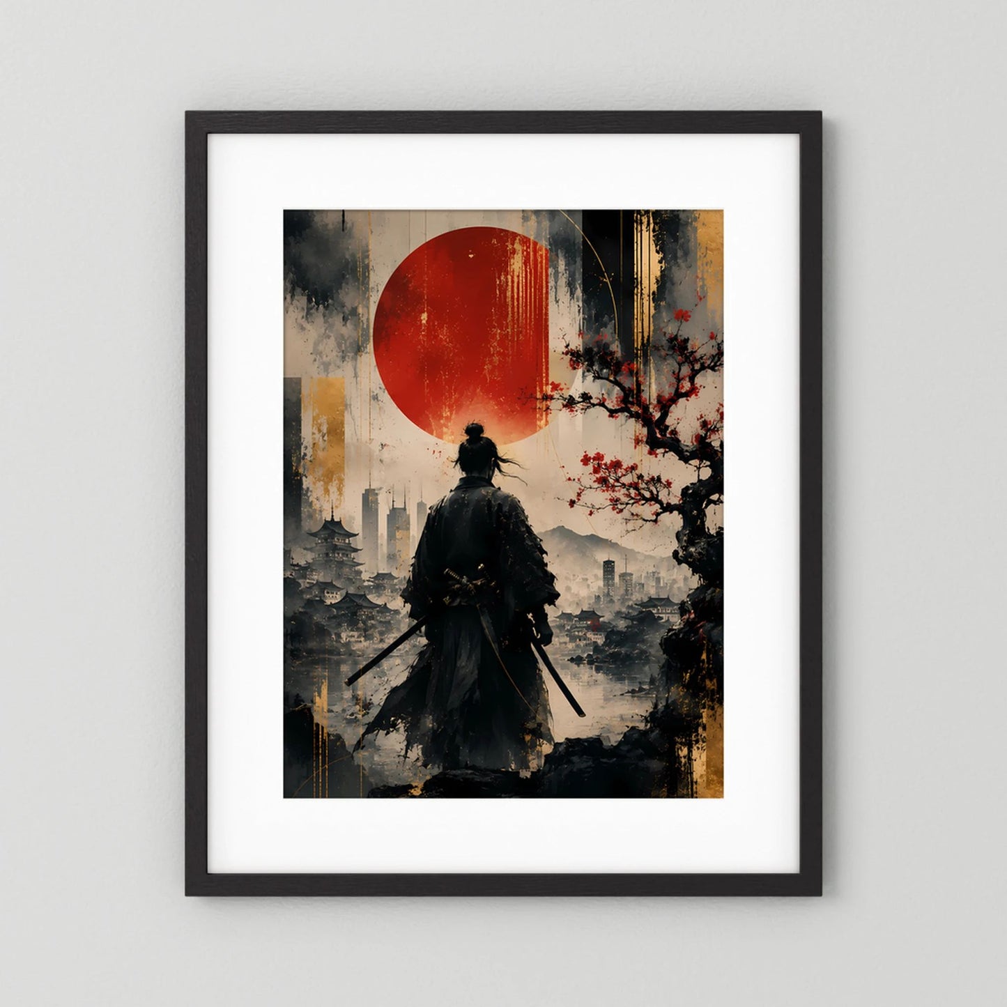 Hochformatiges Kunstposter im schwarzem Rahmen mit weißem Rand: Samurai, rote Sonne, Schwert