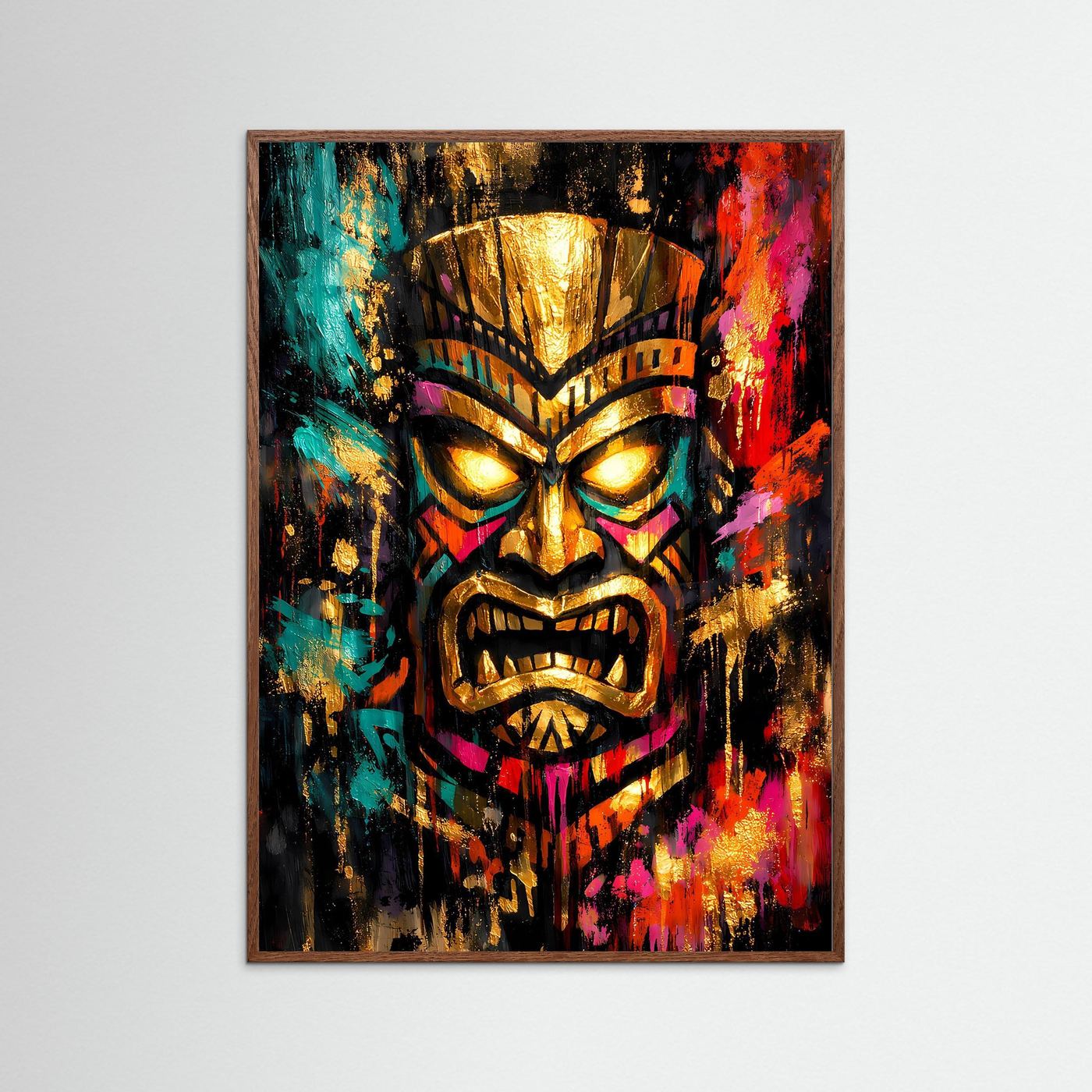 Gerahmtes Tiki-Kunstposter: goldene Maske, türkis und neon-pink Spritzer, stilisiertes Gesicht, Hochformat