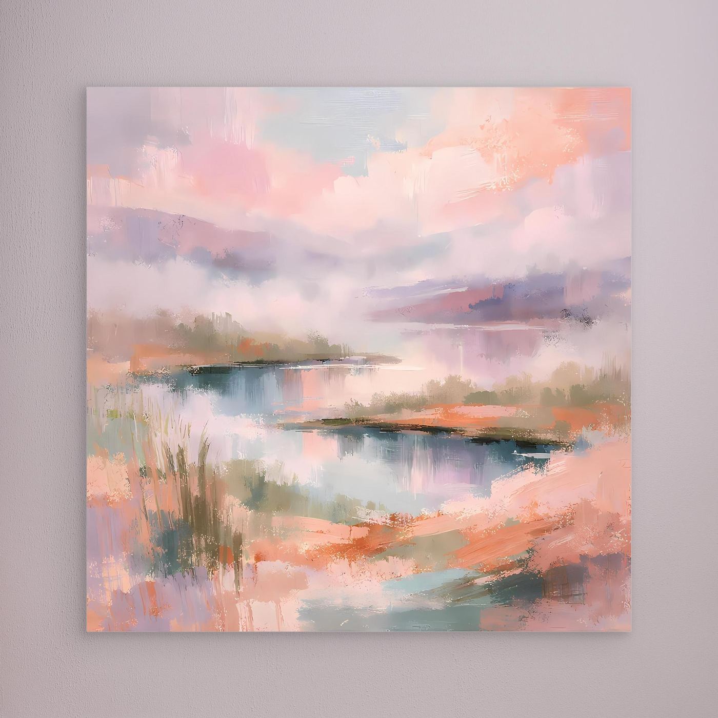 Pastellfarbenes abstraktes Seenlandschaft-Wandbild auf Leinwand ohne Rahmen