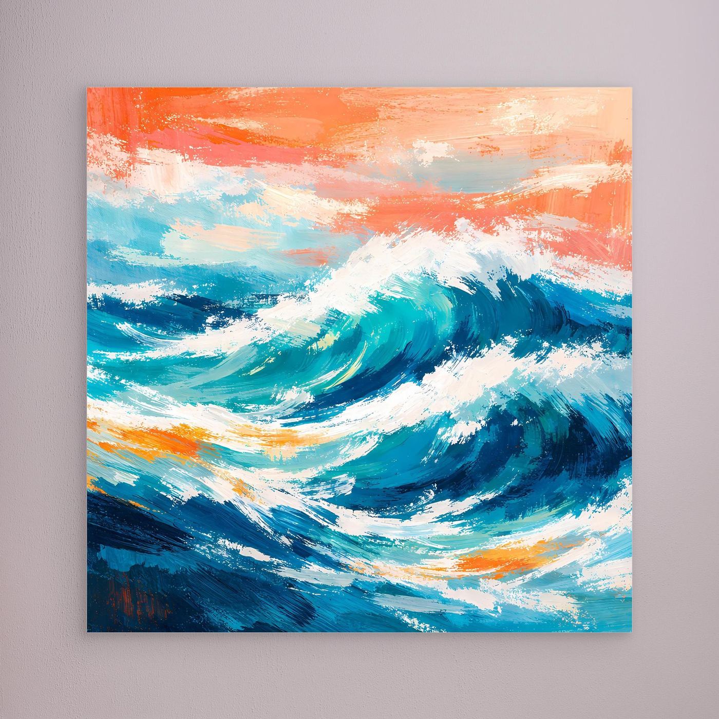 Abstraktes Leinwandbild mit türkisblauer Meereswelle und orangefarbenem Himmel, ohne Rahmen
