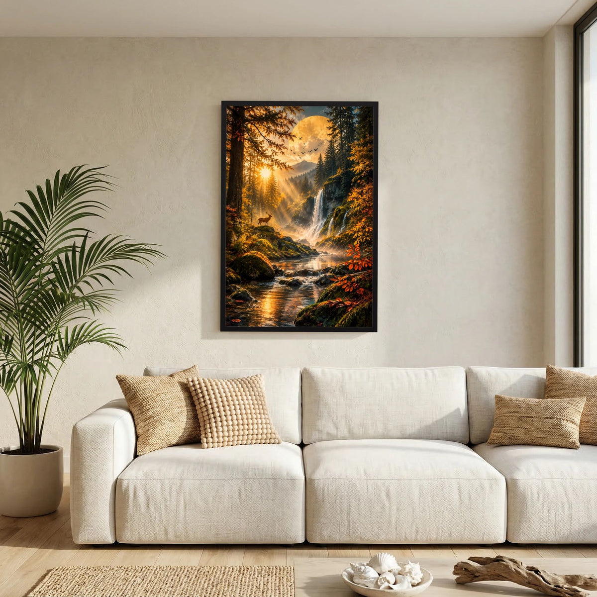 Hochformatiges Herbstposter mit Wasserfall, Fluss und Hirsch im schwarzen Rahmen