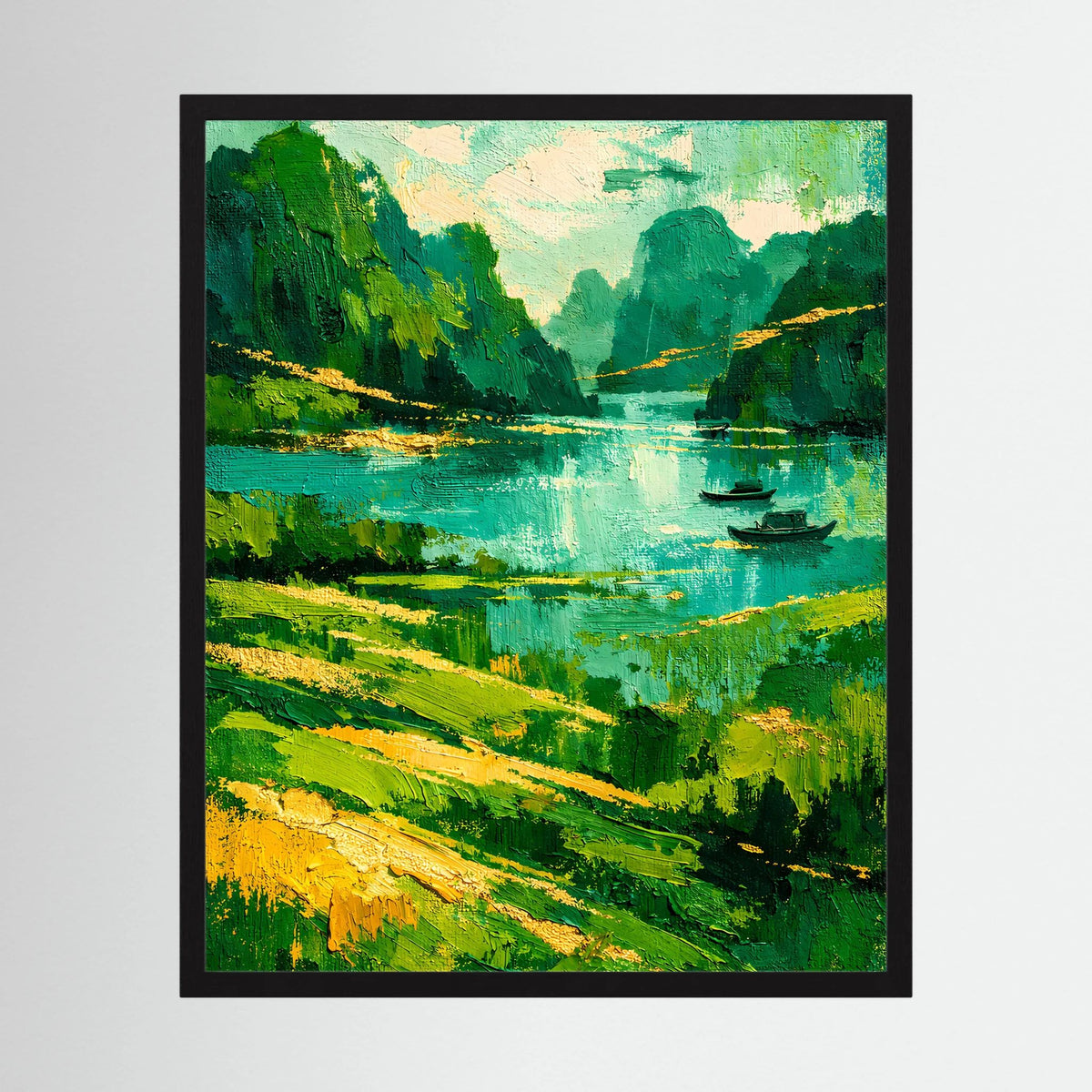 Abstraktes grünes Flusslandschaft-Poster mit Booten im schwarzen Rahmen, Hochformat