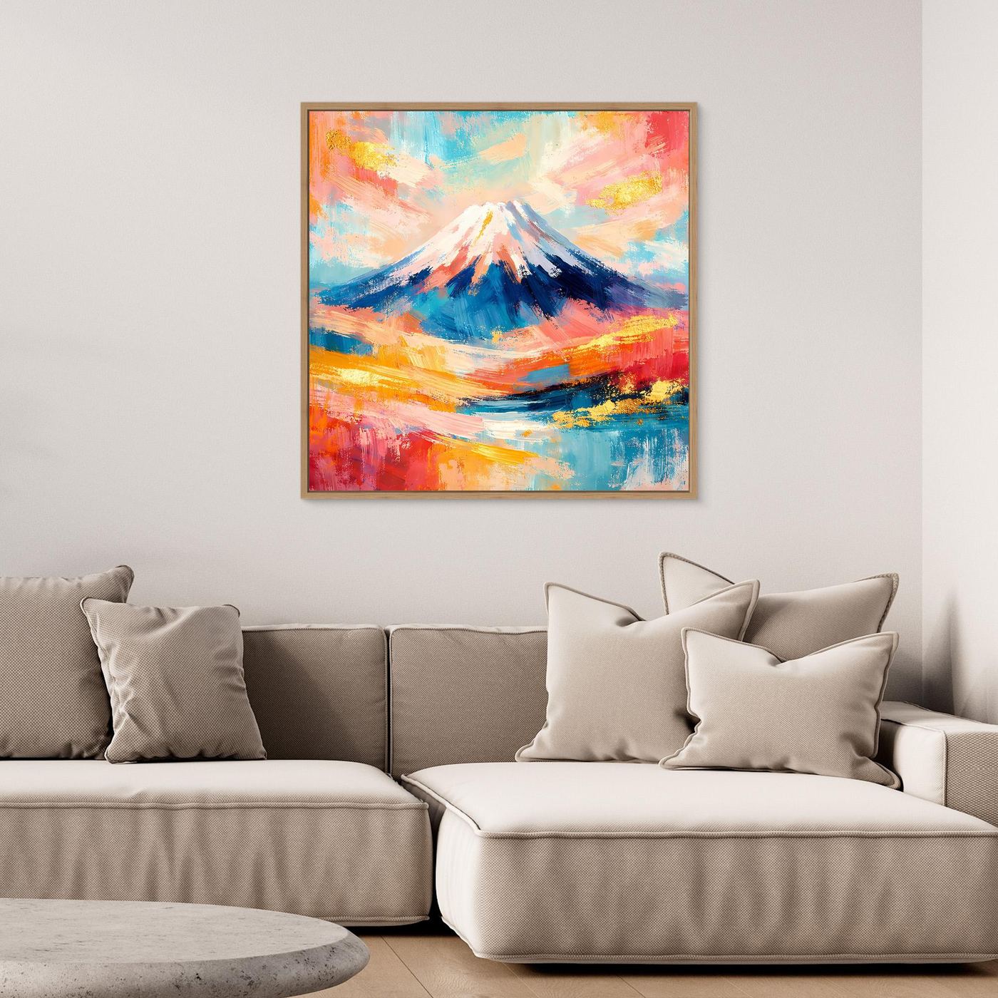 Leinwandbild mit abstraktem Mount-Fuji, farbige Berglandschaft, Holzrahmen