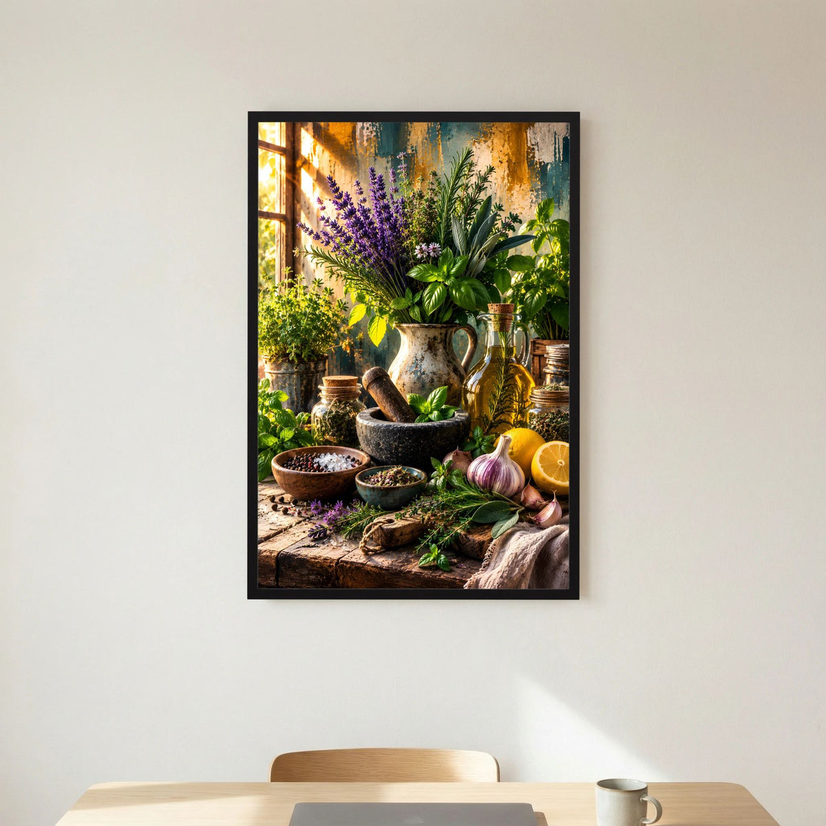 Hochformatiges Kräuter-Stillleben-Poster mit Lavendel und Basilikum im Topfarrangement