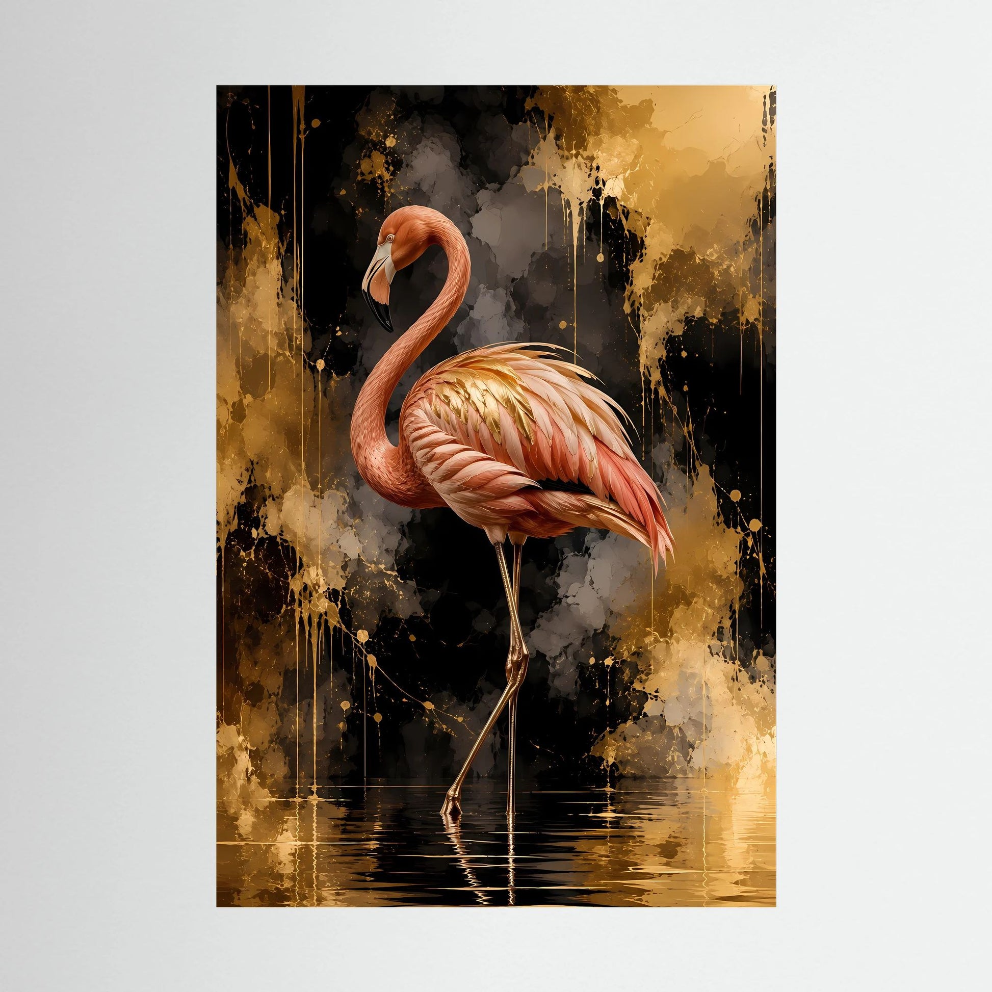 Flamingo-Poster ohne Rahmen, gold-schwarze abstrakte Farbflächen mit Spiegelung