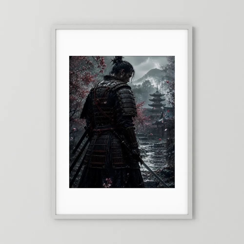 Weiß gerahmtes Hochformat-Poster mit Samurai-Rückansicht, Schwert und Pagode am Fluss.