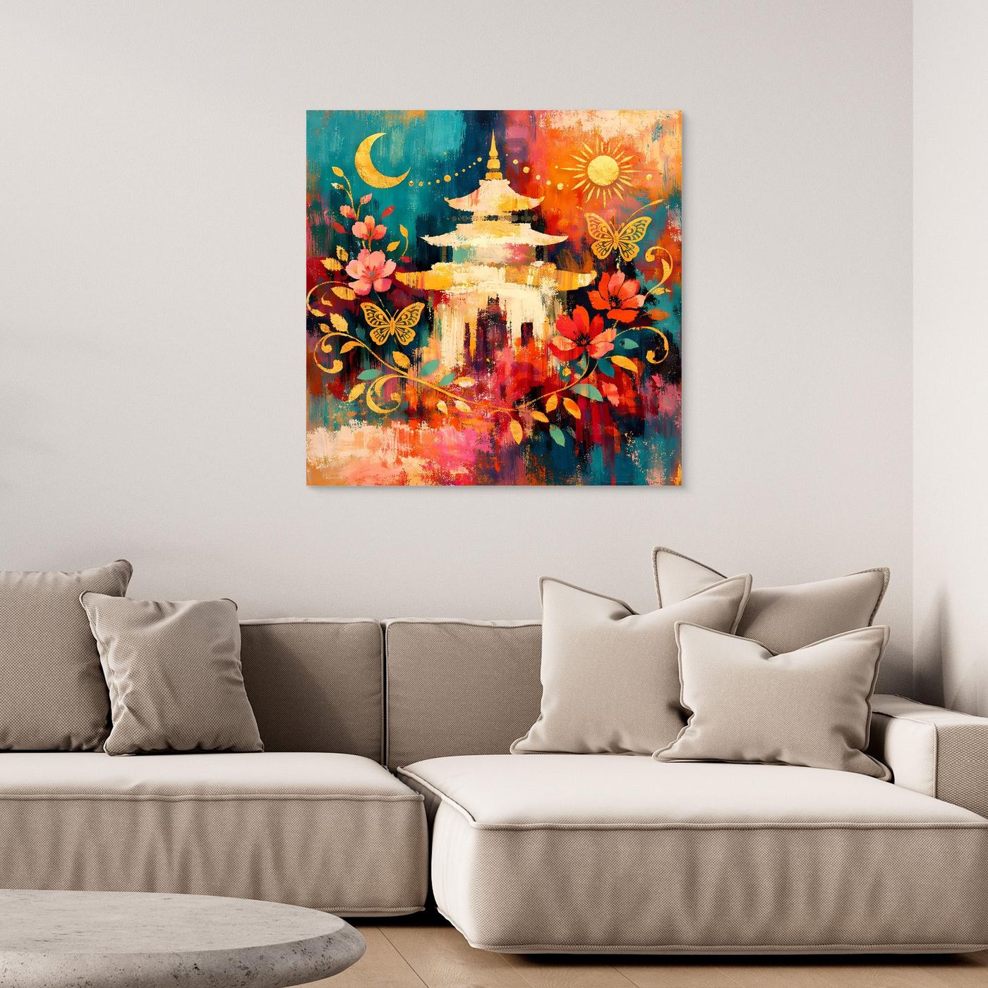 Leinwandbild: goldene Pagode mit Mond, Sonne und bunten Blumen im asiatischen Stil
