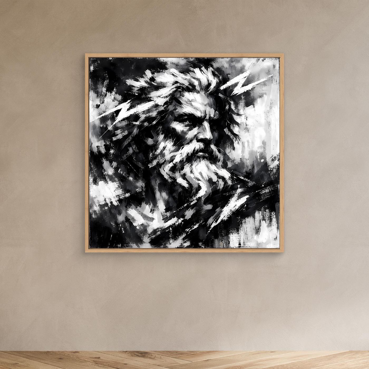 Abstract Zeus wall print in black and white with light frame, smaller wall display