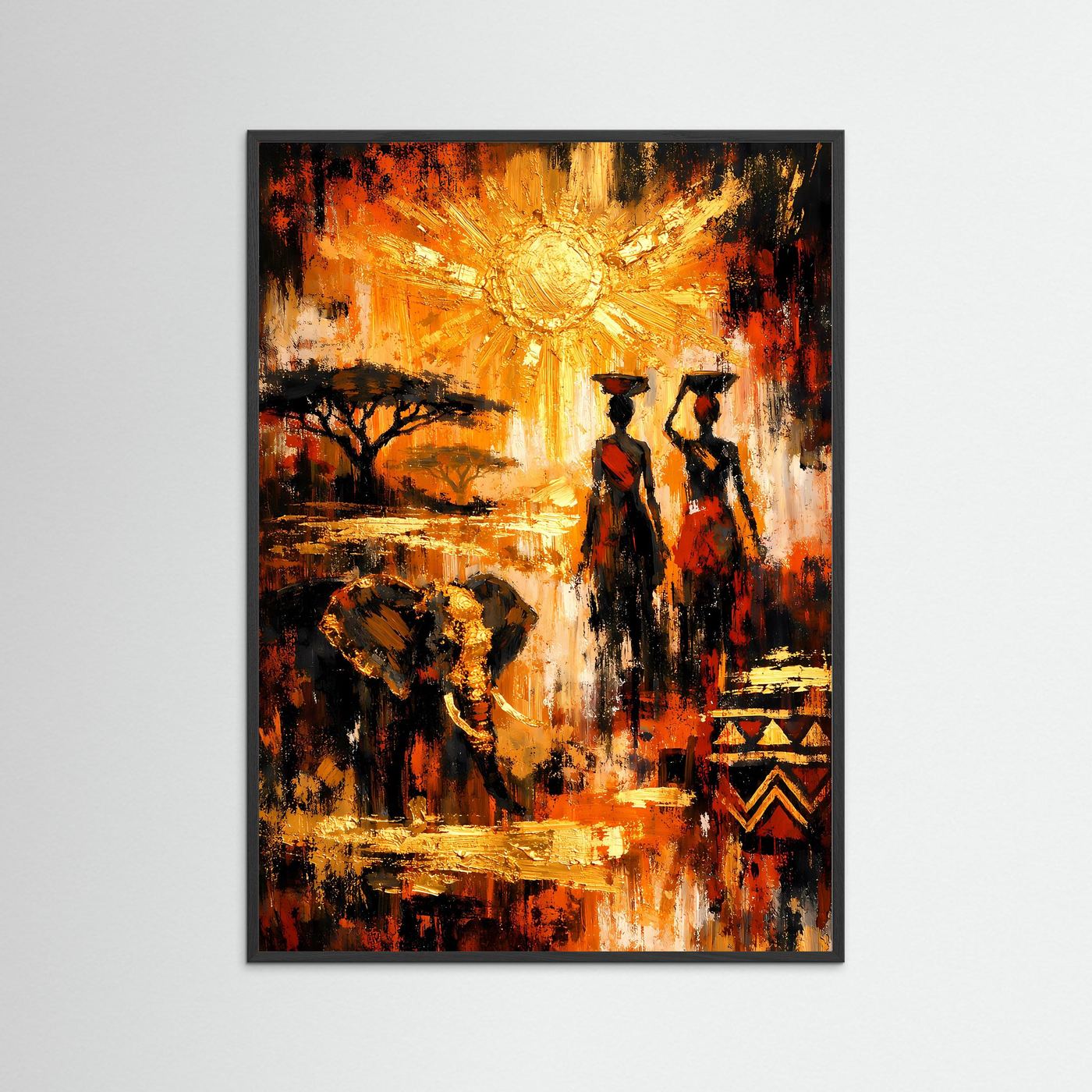 Ethno-Kunstposter im Hochformat mit goldener Sonne, zwei Figuren und Baum, in schwarzem Rahmen