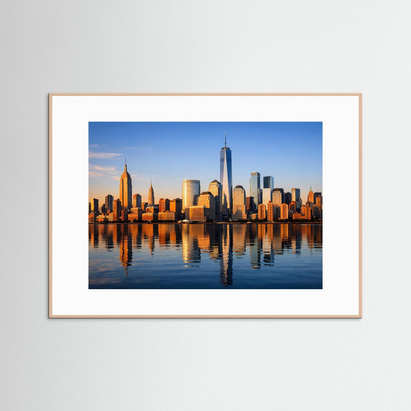 Poster im Querformat mit Manhattan-Skyline bei Sonnenuntergang, hellbrauner Holzrahmen und weißer Rand