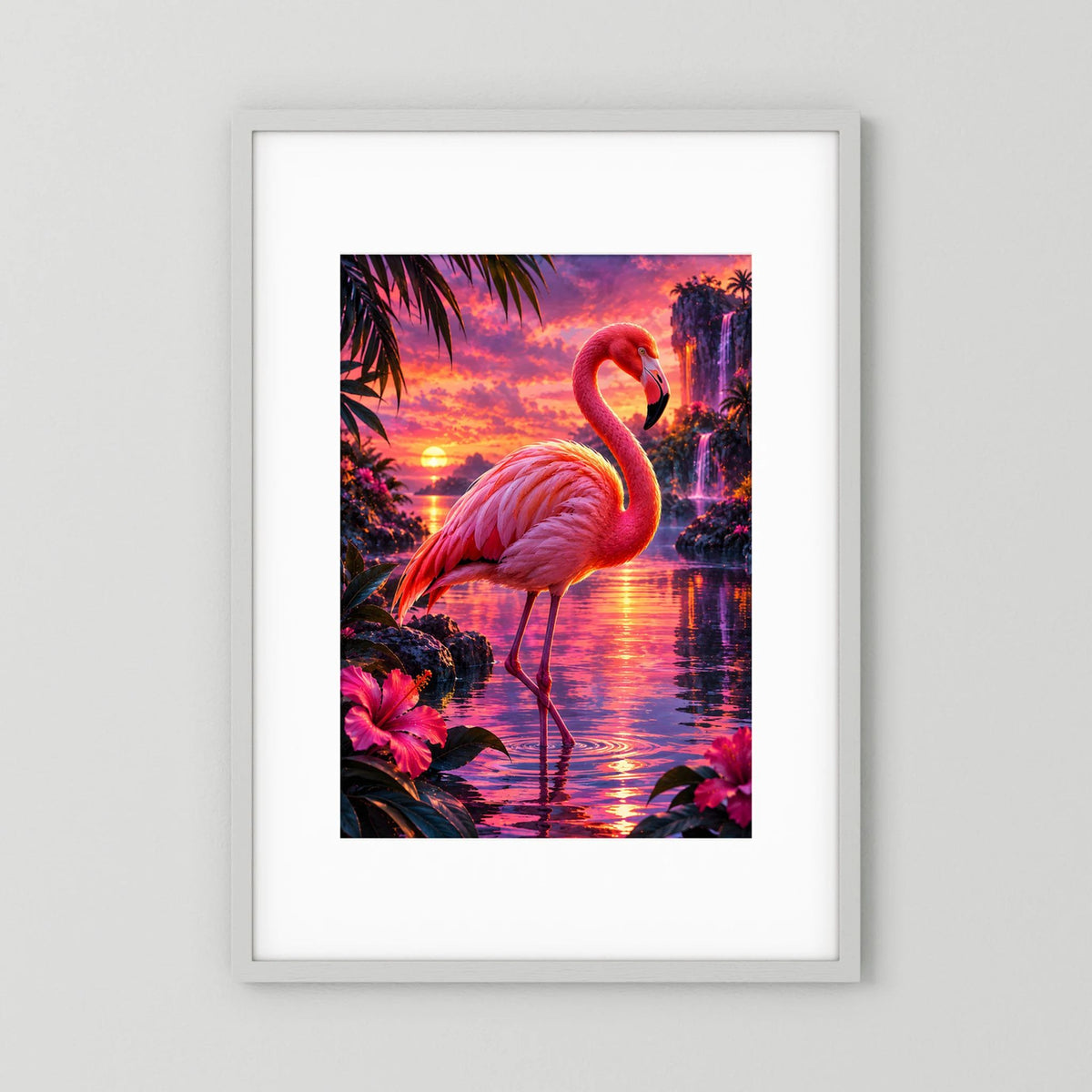 Gerahmtes Flamingo-Poster im Hochformat mit Sonnenuntergang, Palmen und Lagune