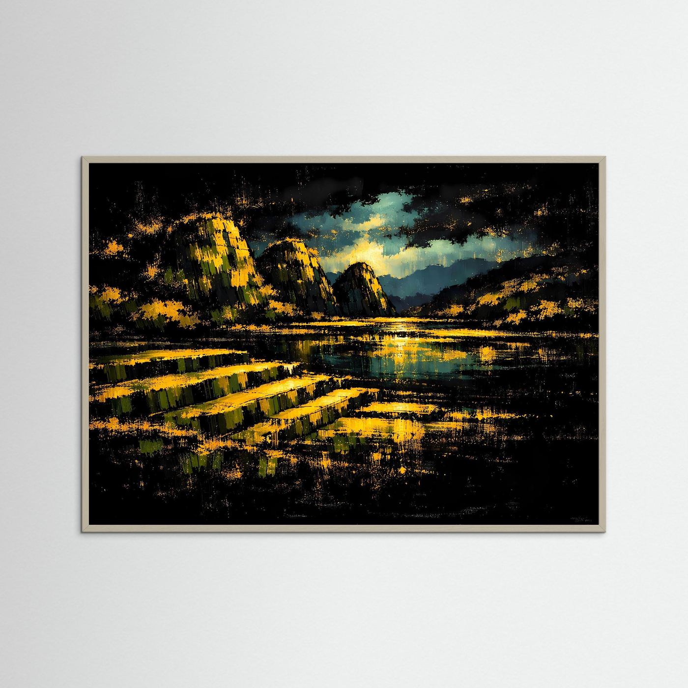 Goldene Nacht über dem Bergsee | Mystisches Natur & Landschaft Poster Querformat