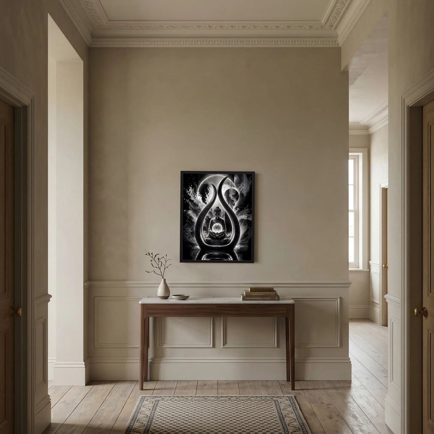 Gerahmtes Schwarzweiß-Kunstposter mit Buddha-Relief in Flammenform