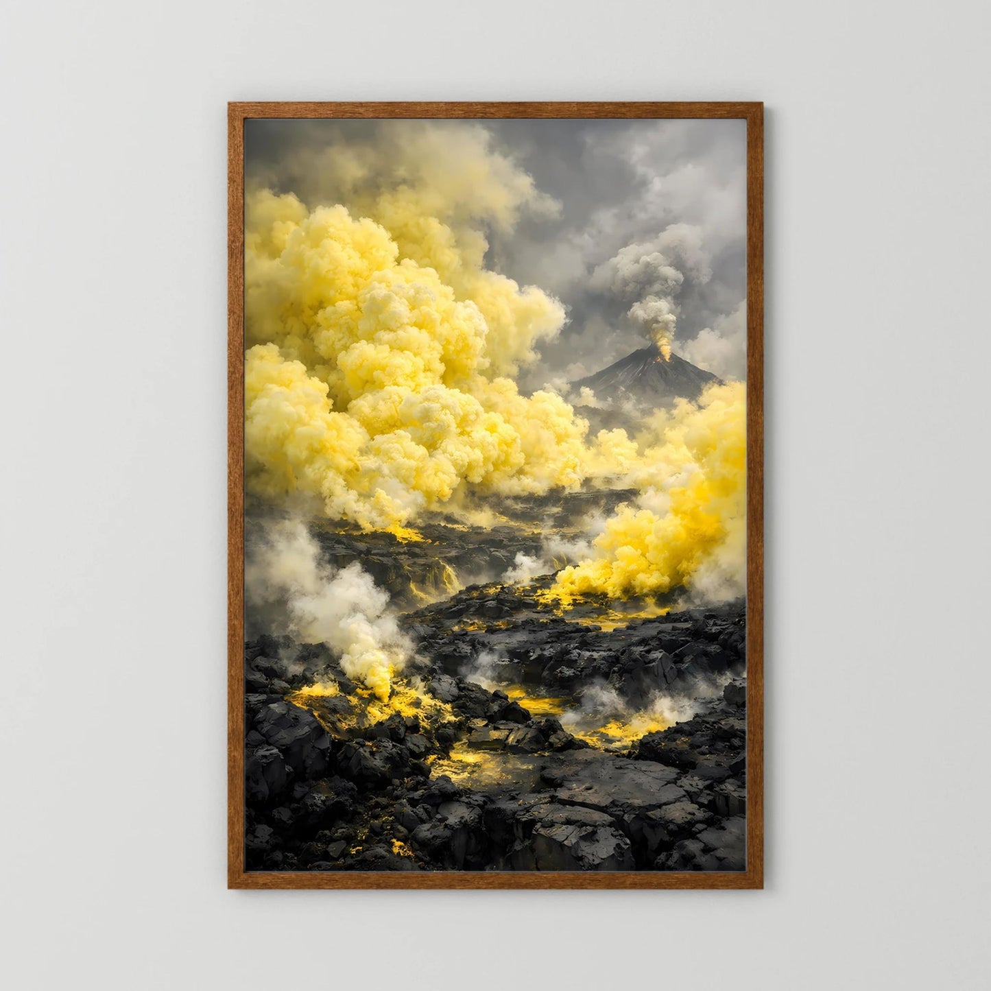 Die Kraft der Natur | Abstraktes Vulkan Poster in Gelb & Schwarz | Modernes Landschaftskunstposter Hochformat