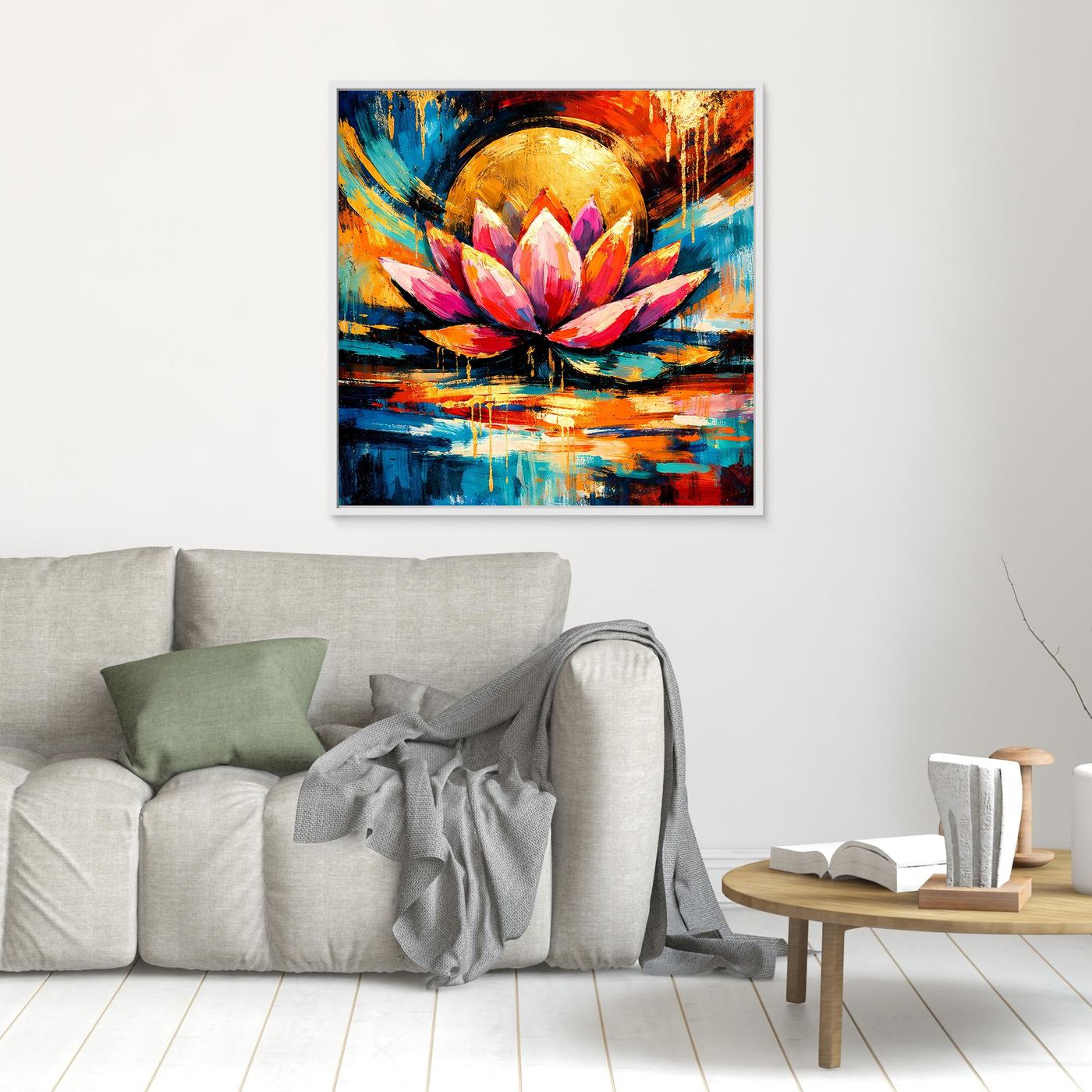 Leinwandbild mit abstrakter Lotusblüte, goldener Kreisform und bunten Farben im dunklen Rahmen
