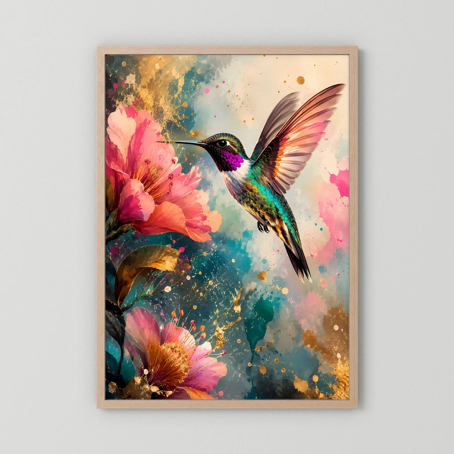 Gerahmter Kunstdruck mit Kolibri und rosa Blüten, Goldakzente, naturfarbener Holzrahmen