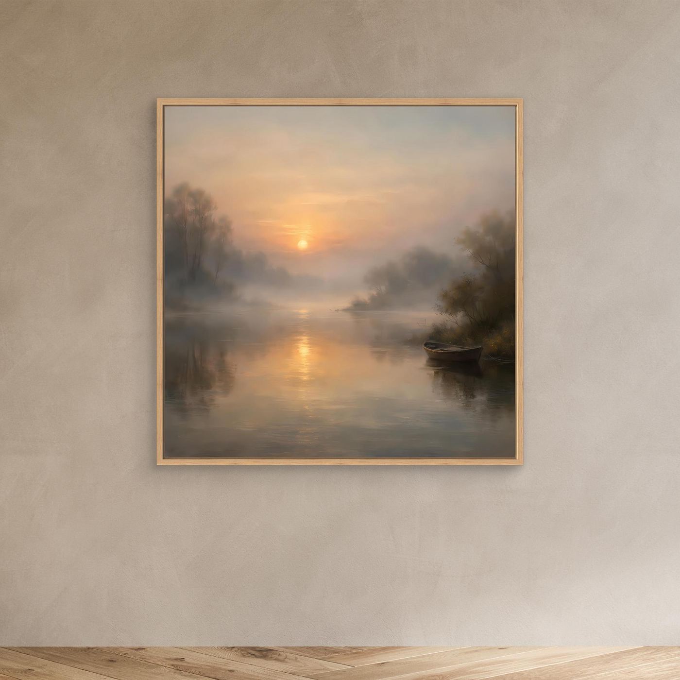 Leinwandbild im Eichenrahmen: nebliger Flussmorgen mit Sonnenaufgang, Boot und Uferbäumen