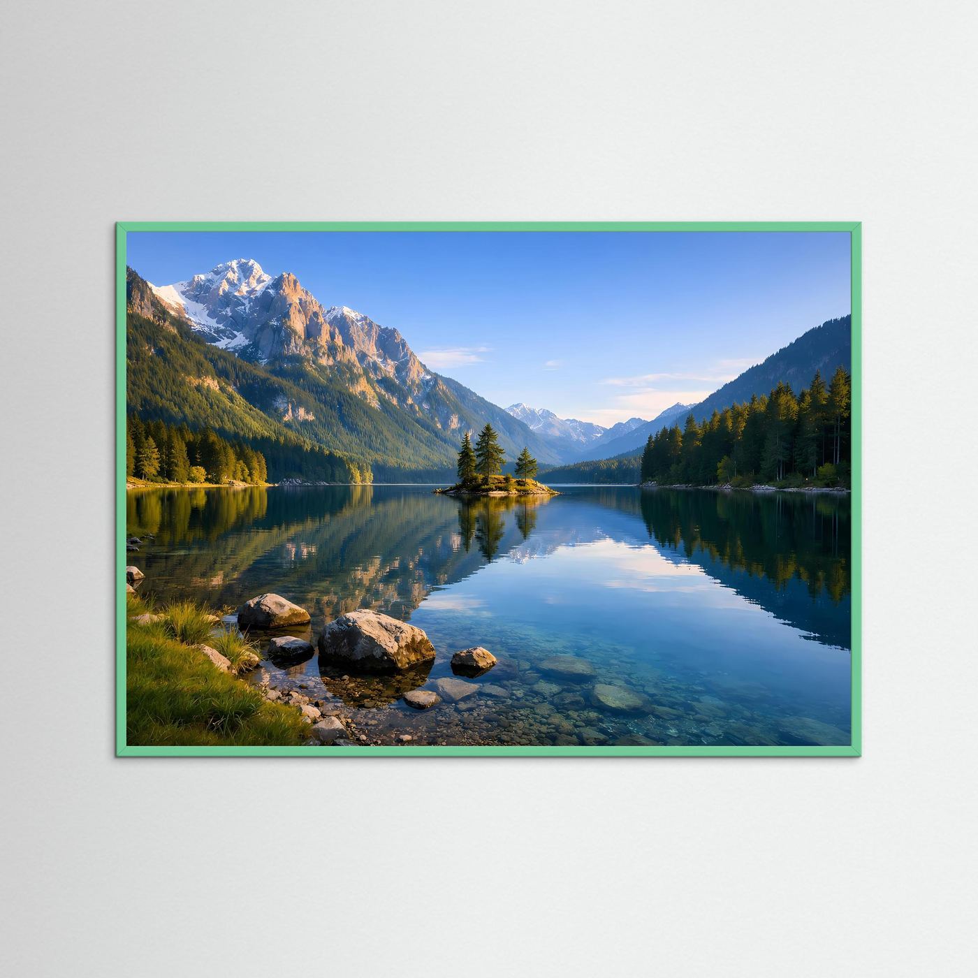 Panorama-Wandbild mit Bergsee und Alpenpanorama im türkisfarbenen Holzrahmen