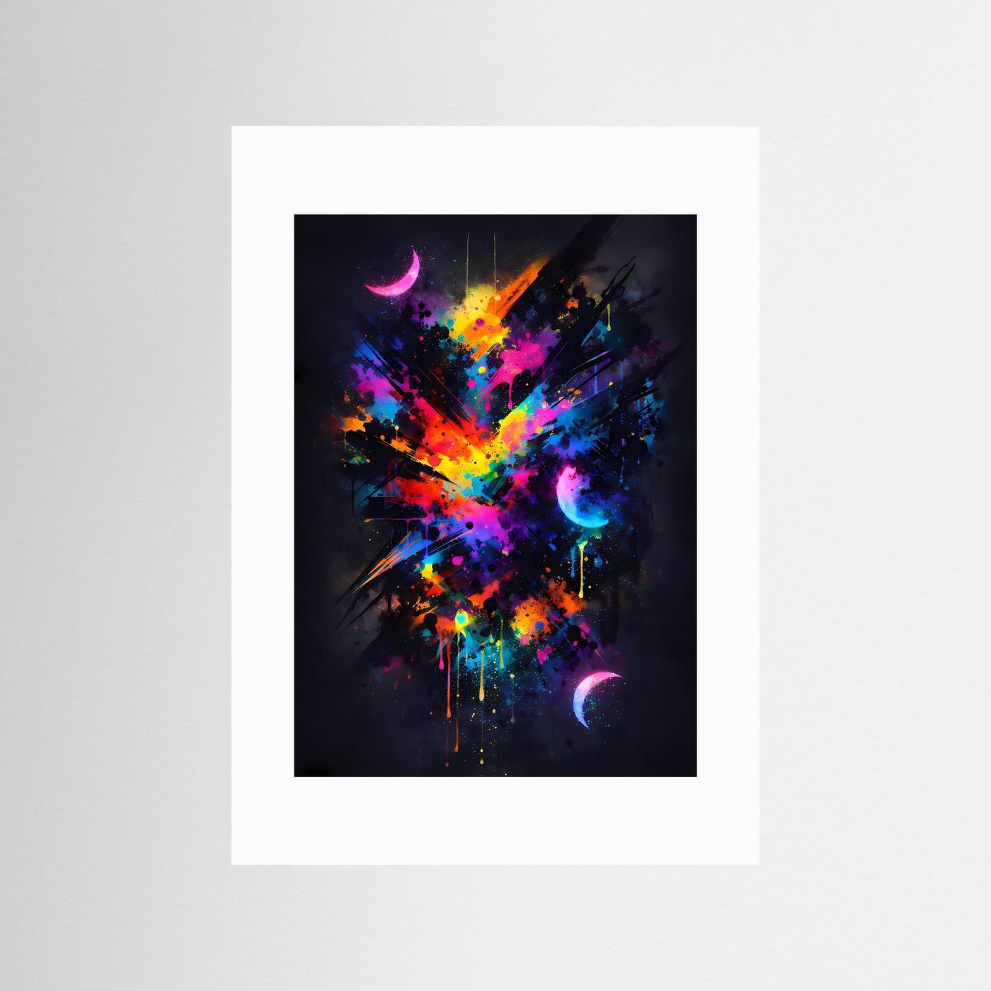 Die Kunst des Kosmos | Abstraktes Weltraum Poster in Neon-Farben & Schwarz | Modernes Galaxie Kunstposter Hochformat