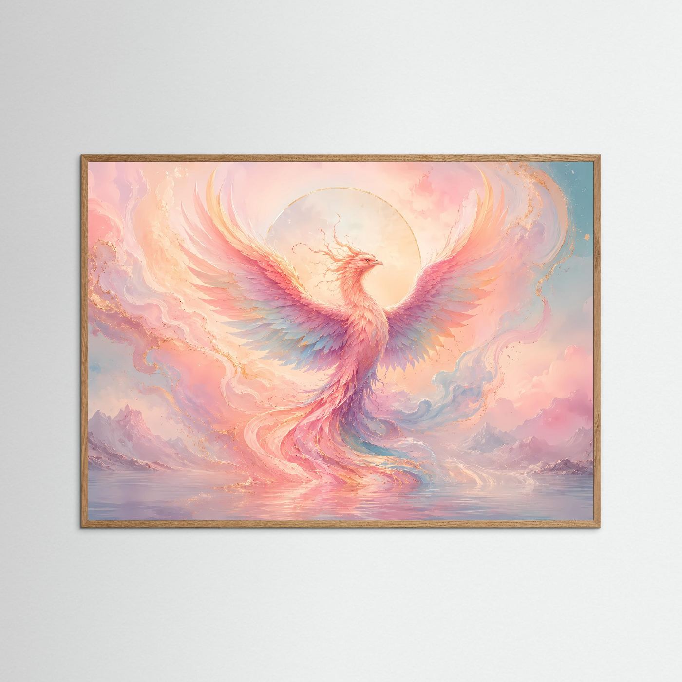 Phönix Poster Pastell | Mystischer Feuervogel Wandkunst | Abstrakte Fantasy Kunst | Elegantes Wandbild in Rosa & Gold