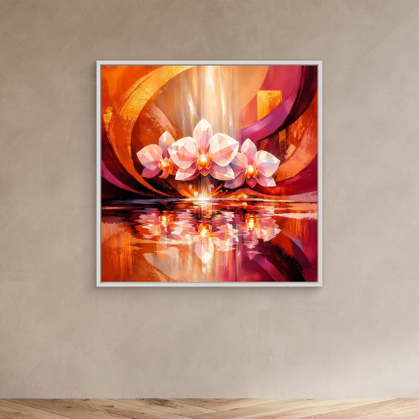 Leinwandbild mit weißen Orchideen, orange-pinken Farbflächen und Spiegelung, in weißem Rahmen
