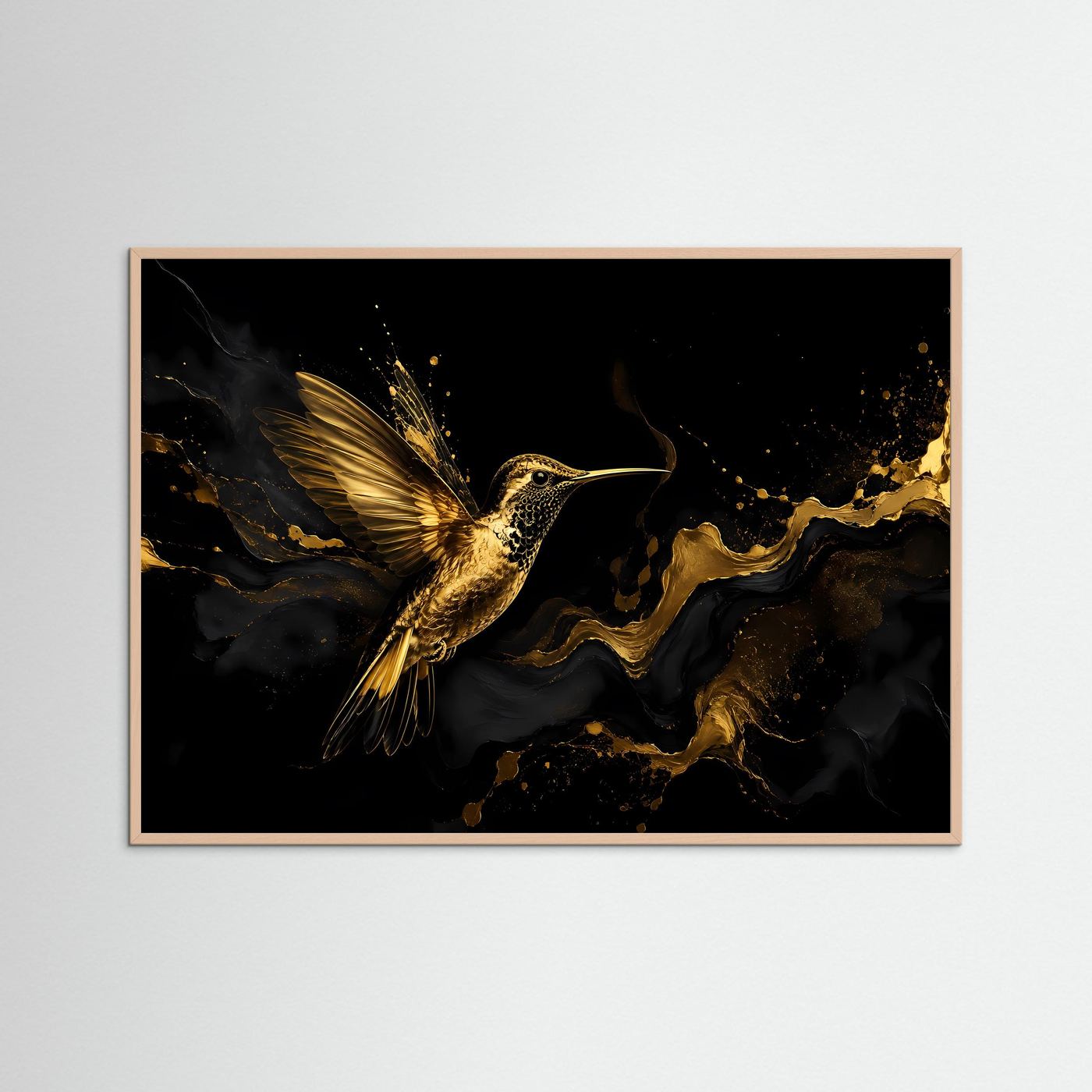 Querformat-Poster mit goldenem Kolibri im dunklen abstrakten Motiv, rosafarbenes Holzrahmen