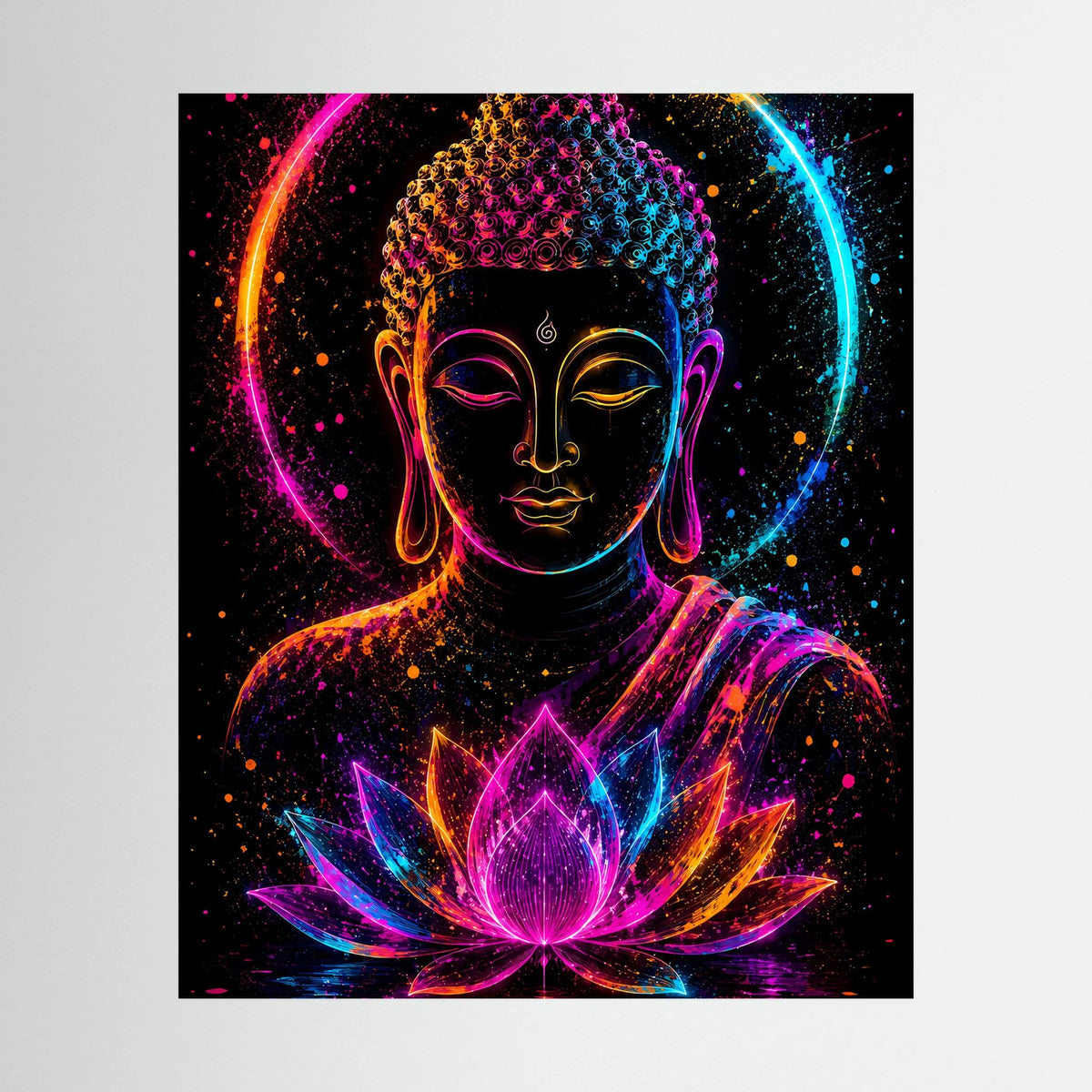 Neon-Buddha-Poster mit Lotusblüte, leuchtende Farben auf dunklem Hintergrund