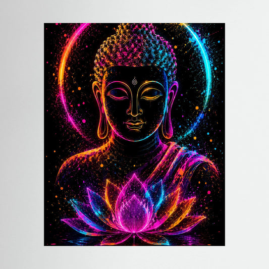Neon-Buddha-Poster mit Lotusblüte, leuchtende Farben auf dunklem Hintergrund