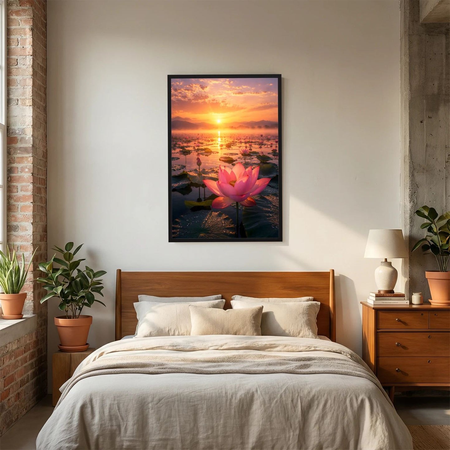 Hochformatiges Poster mit rosa Lotusblüte bei Sonnenuntergang, schwarzer Rahmen
