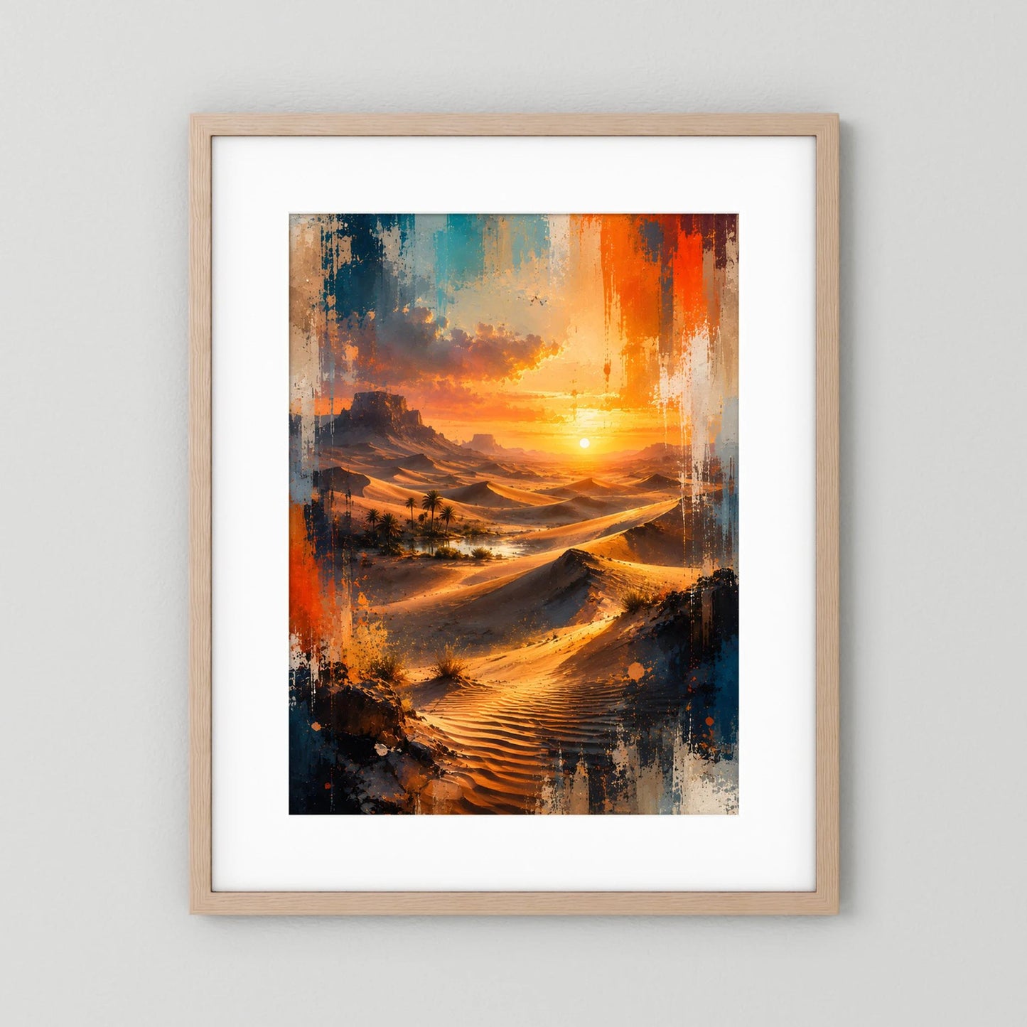 Hochformat-Poster mit hellem Holzrahmen und weißem Passepartout, abstrakte Oase in Orange