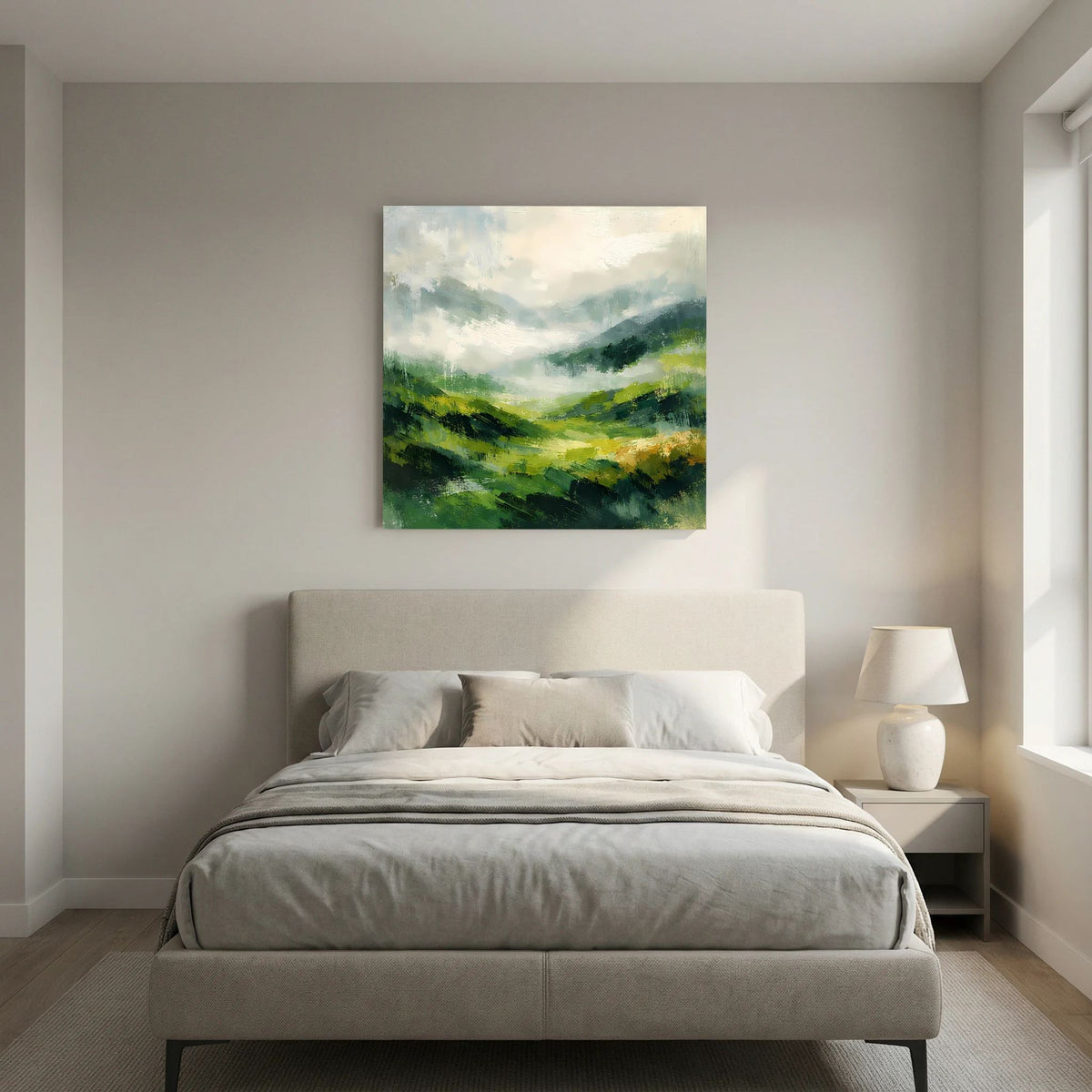 Leinwand Abstraktes Hügellandschaft Gemälde | Modernes Grünes Tal Wandbild Natur