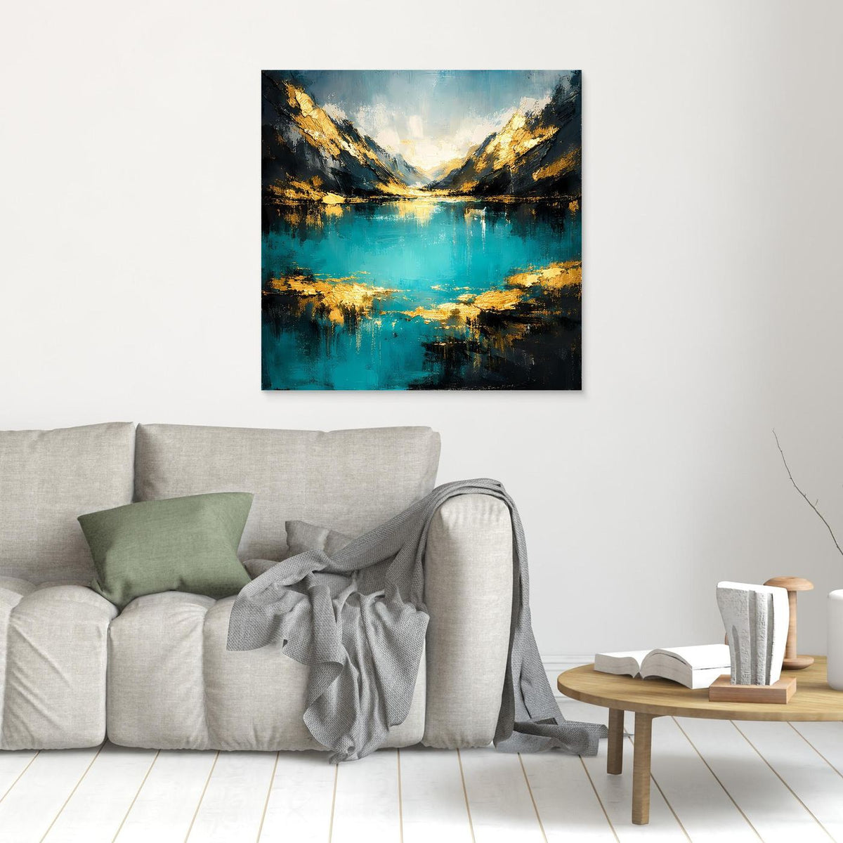 Kleines Abstrakt-Wandbild Leinwand mit türkis-goldenem Bergsee, dunkler Rahmen