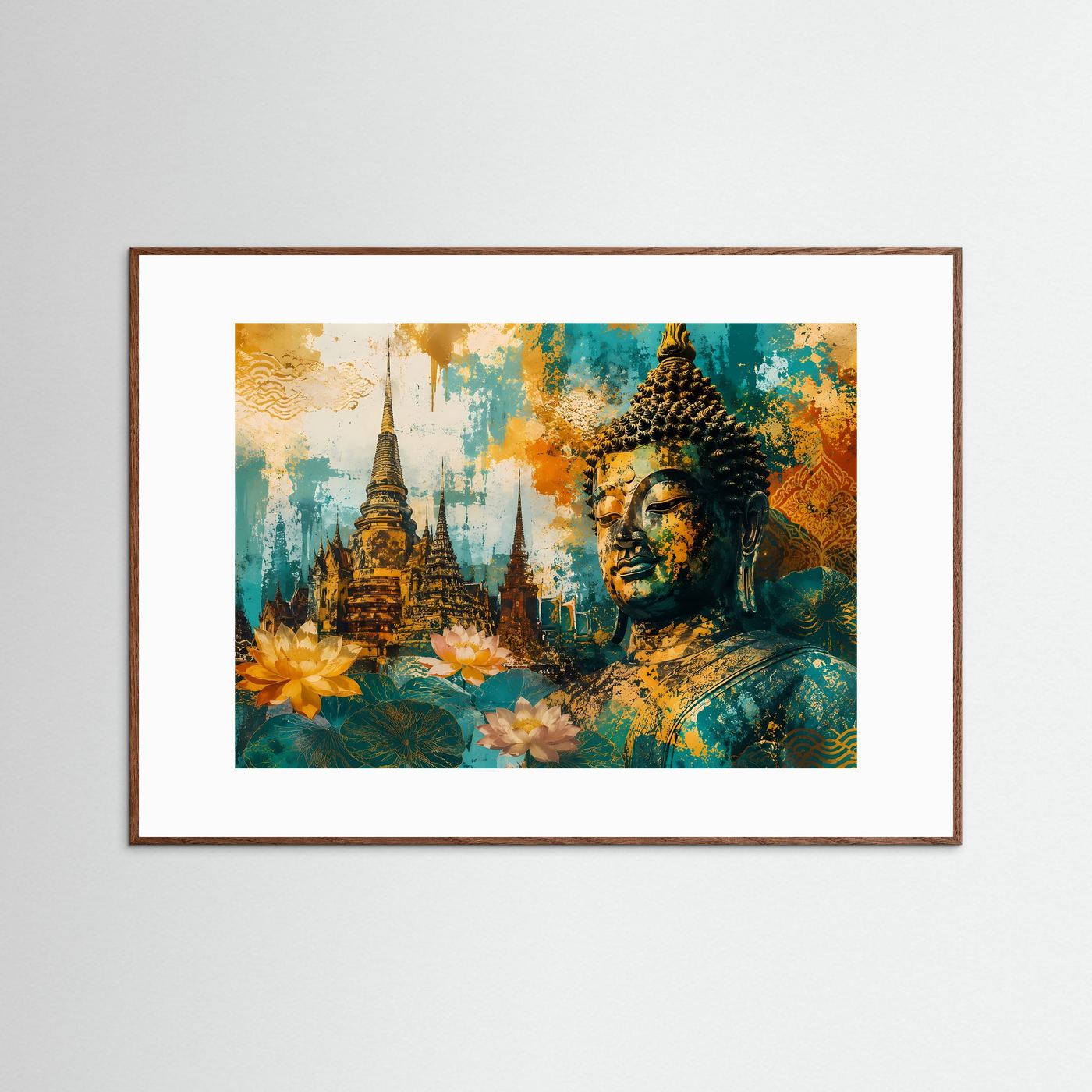 Buddha-Tempelkunst Poster im dunklen Eichenholzrahmen mit weißem Passepartout
