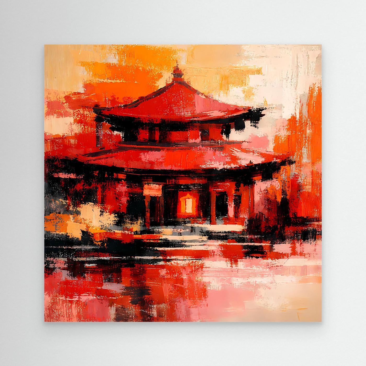 Abstraktes Wandbild mit asiatischer Pagode in Rot-Orange und schwarzer Silhouette, ohne Rahmen