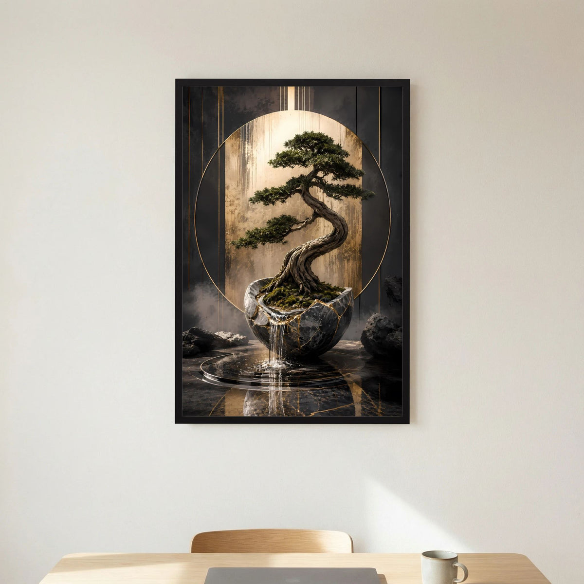 Gerahmtes Hochformat-Poster mit Bonsai im goldenen Kreis, dunkler Farbverlauf