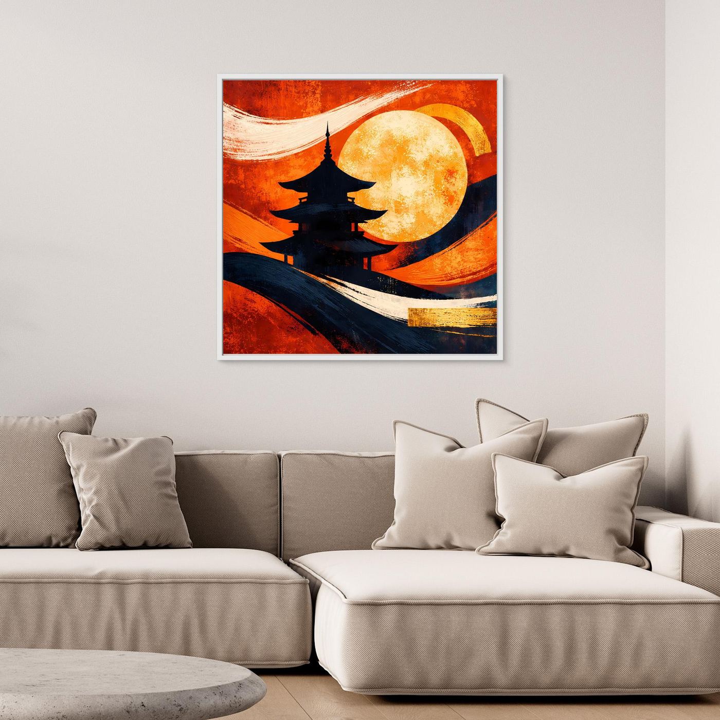 Gerahmtes Leinwandbild mit Pagoden-Silhouette, Vollmond und Farbverlauf in Rot