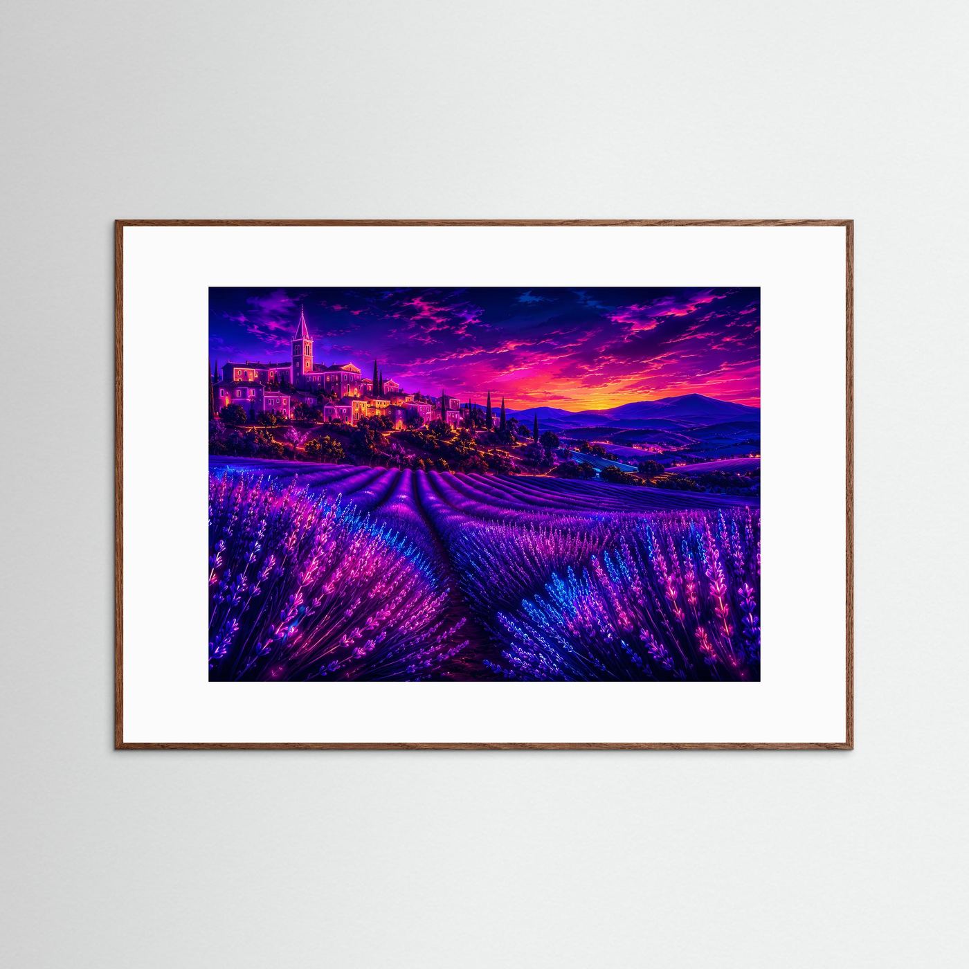 Lavendelfeld im Neon-Sonnenuntergang | Provence Landschaft in Lila & Pink