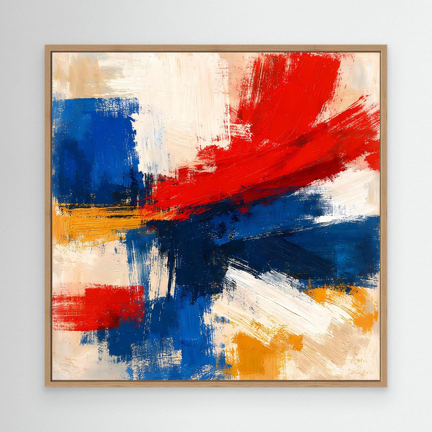 Framed abstract canvas wall art with red, blue, and yellow brushstrokes; oak frame