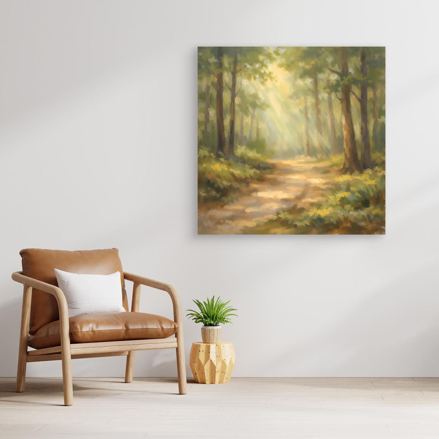Leinwandbild Waldlandschaft mit Sonnenstrahlen über dem Pfad
