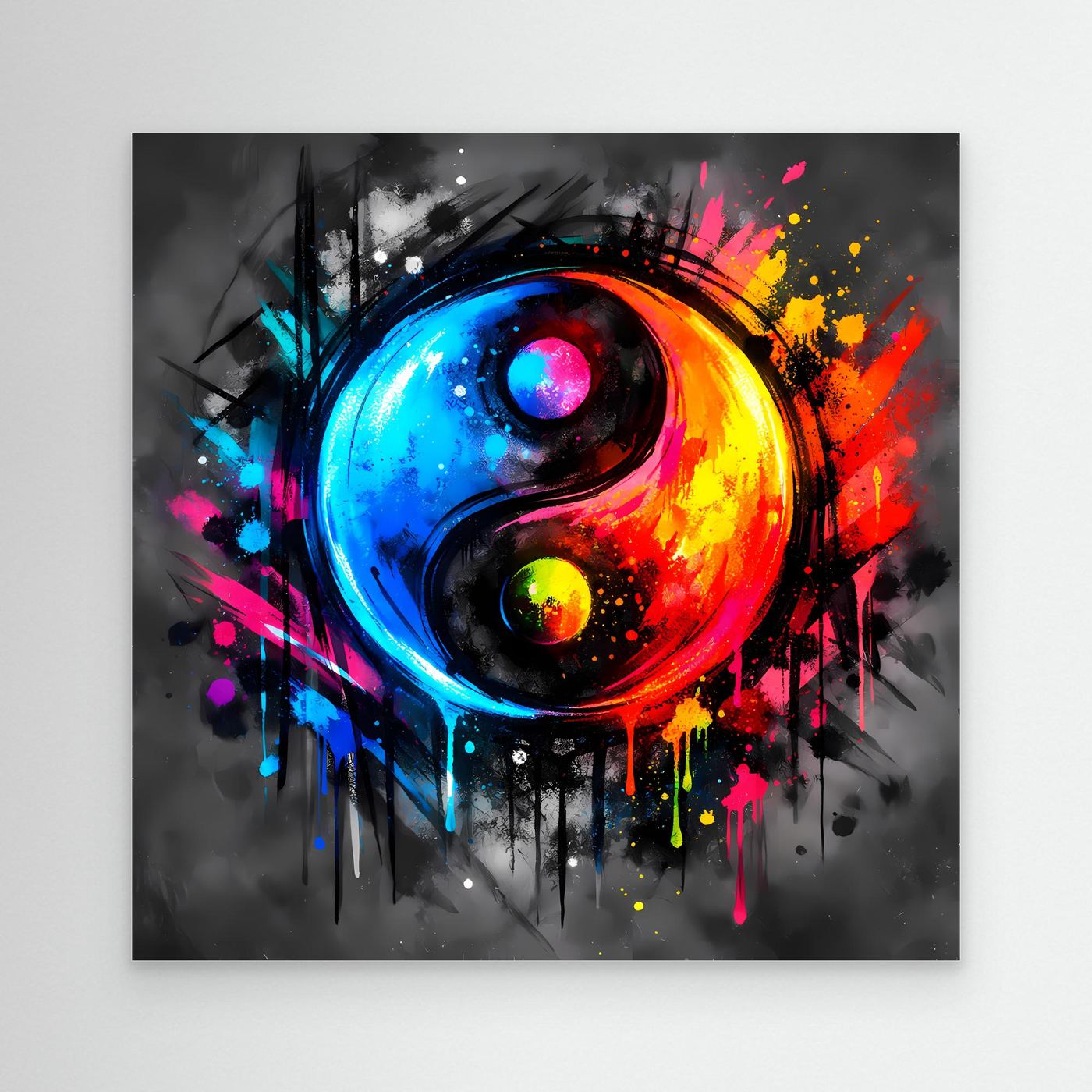 Leinwandbild mit abstraktem Yin-Yang-Motiv, bunt gespritzt, schwarzer Rahmen