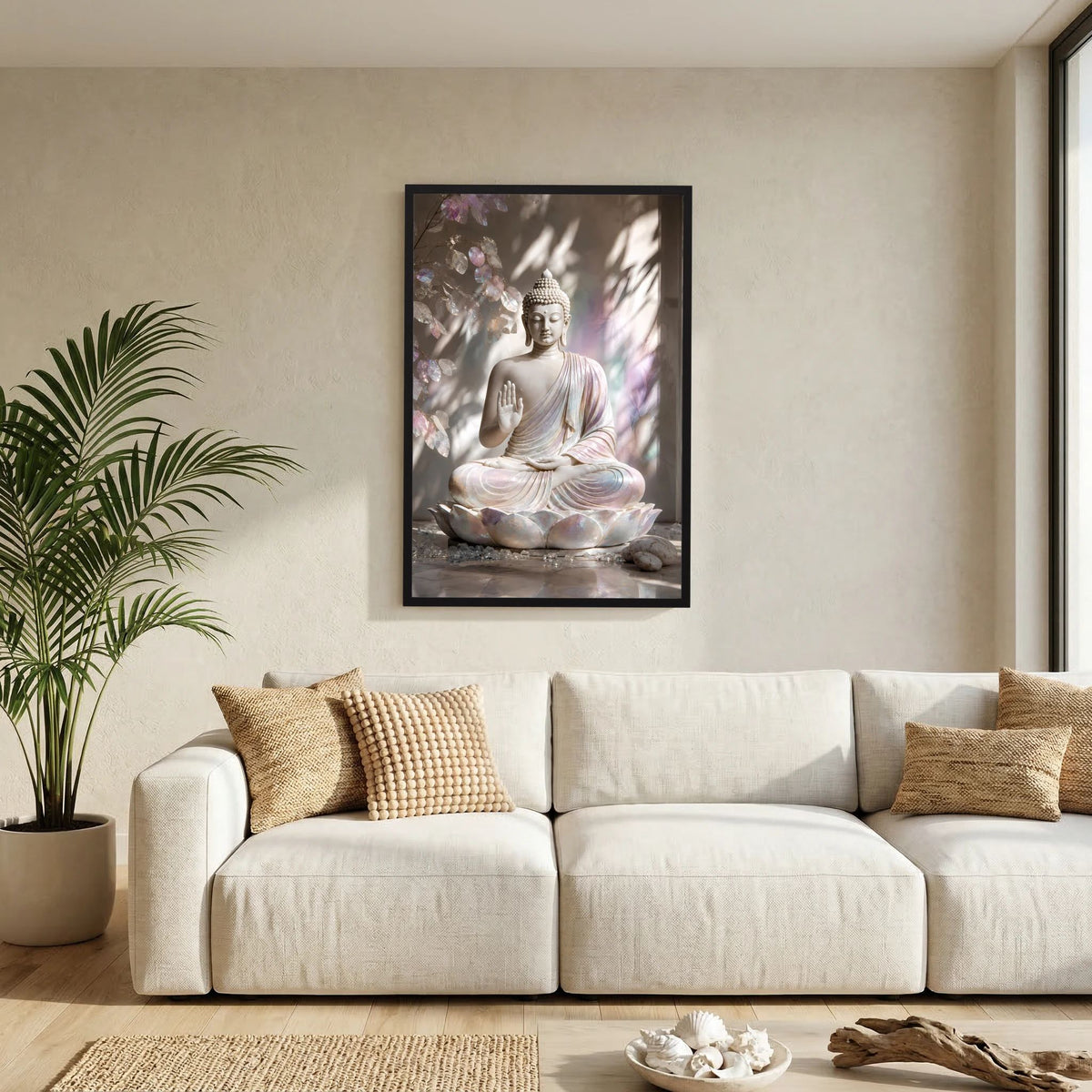 Gerahmtes Poster mit sitzendem Buddha auf Lotus, Hand in Schutzgeste