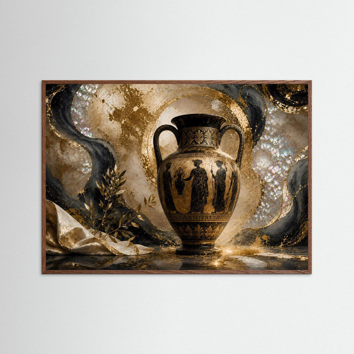 Antike griechische Amphore in Gold und Schwarz auf Kunstprint, dunkelbrauner Rahmen