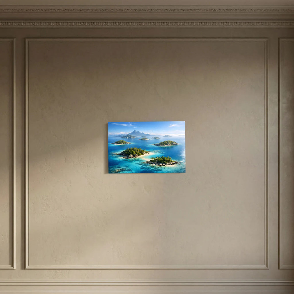 Querformat-Wandbild mit tropischen Inseln, türkisblauem Meer und Sandbuchten