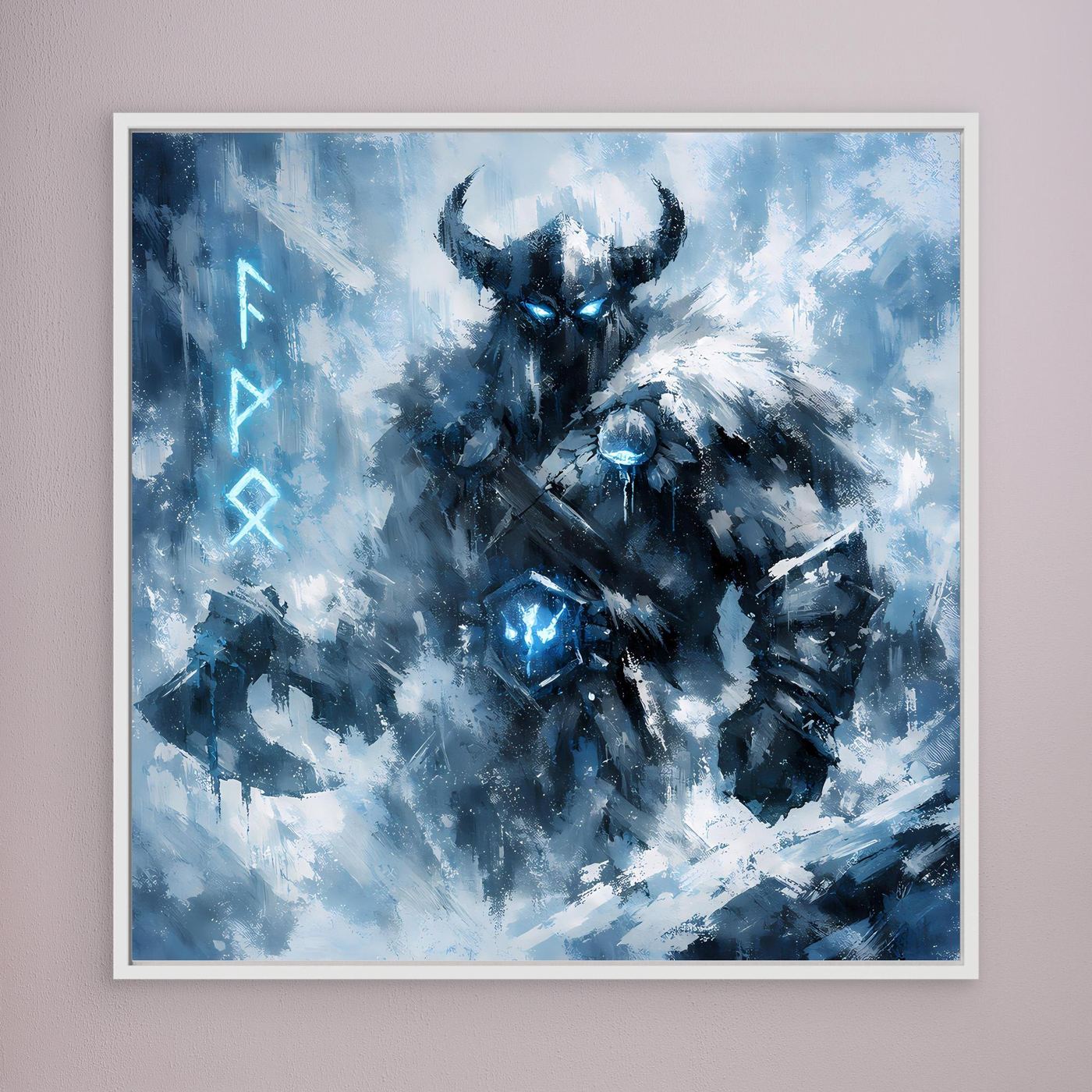 Wandbild mit blau-schwarzem Eis-Krieger-Motiv, weißer Rahmen.