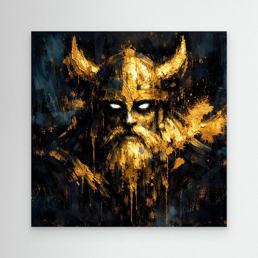 Wandbild mit abstraktem Wikingerkopf, goldene Akzente auf dunklem Hintergrund, ohne Rahmen