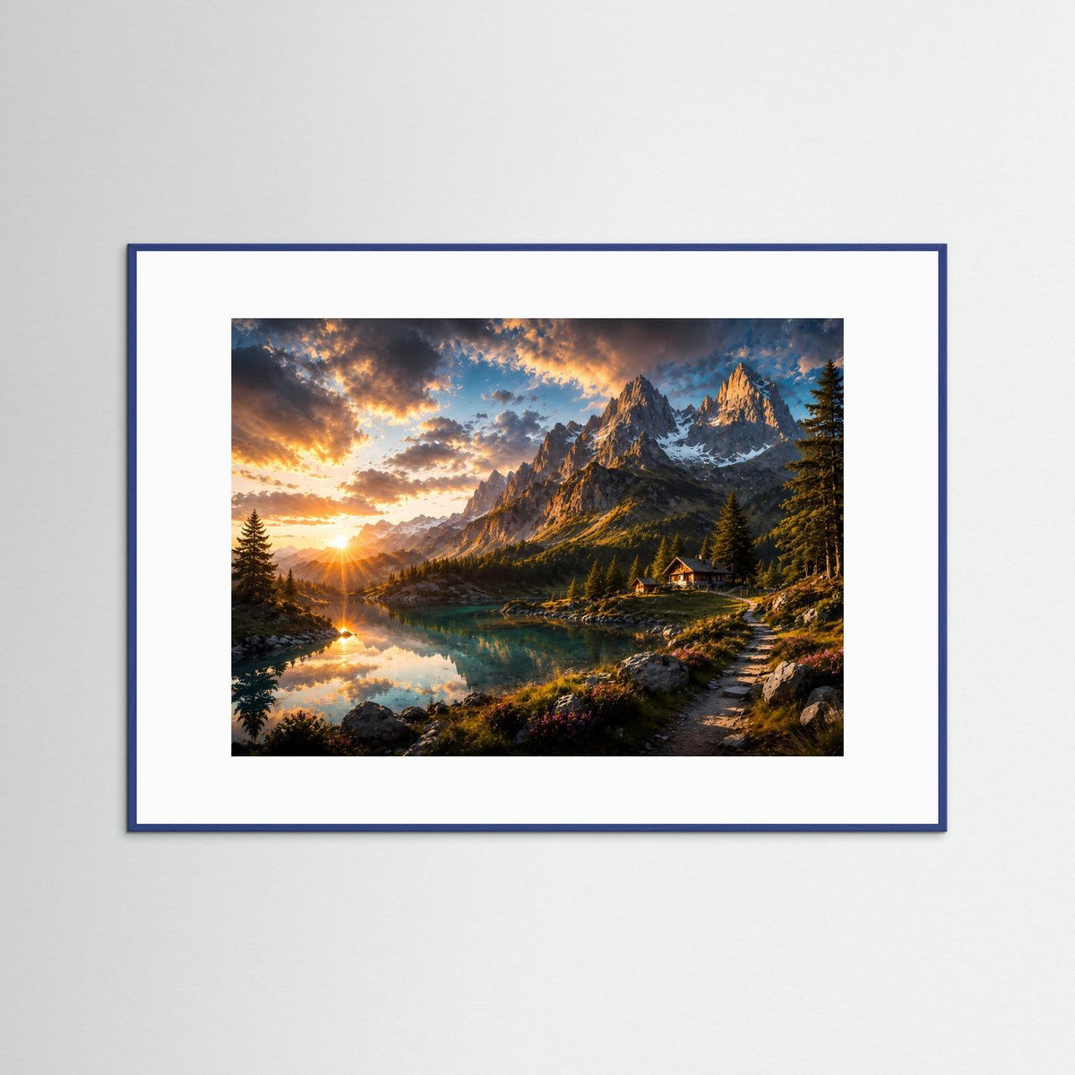 Querformat-Poster mit Alpenlandschaft, Bergspiegelung und Berghütte im Rahmen, blau