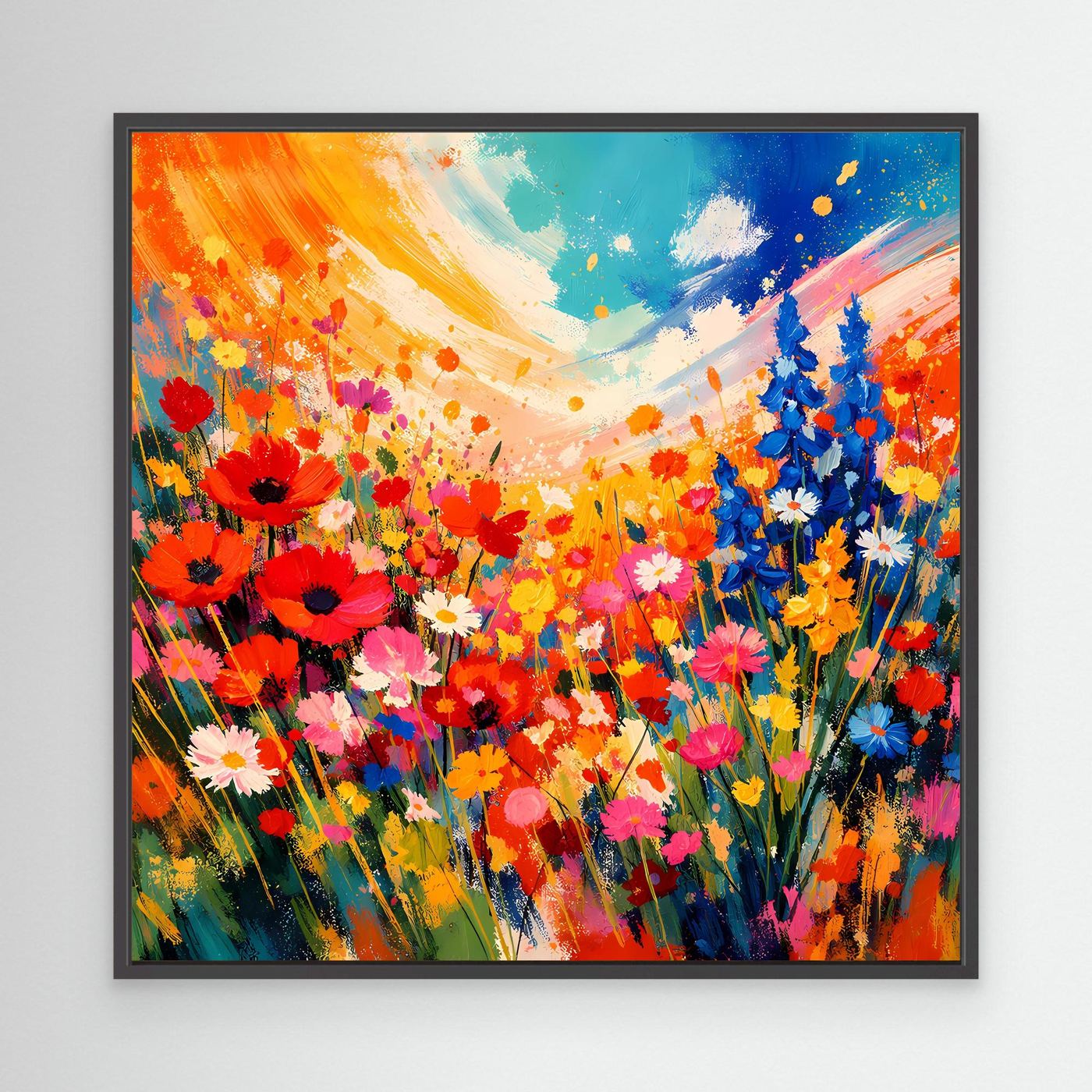 Leinwandbild mit abstrakter bunten Blumenwiese, rote und blaue Blüten, schwarzer Rahmen