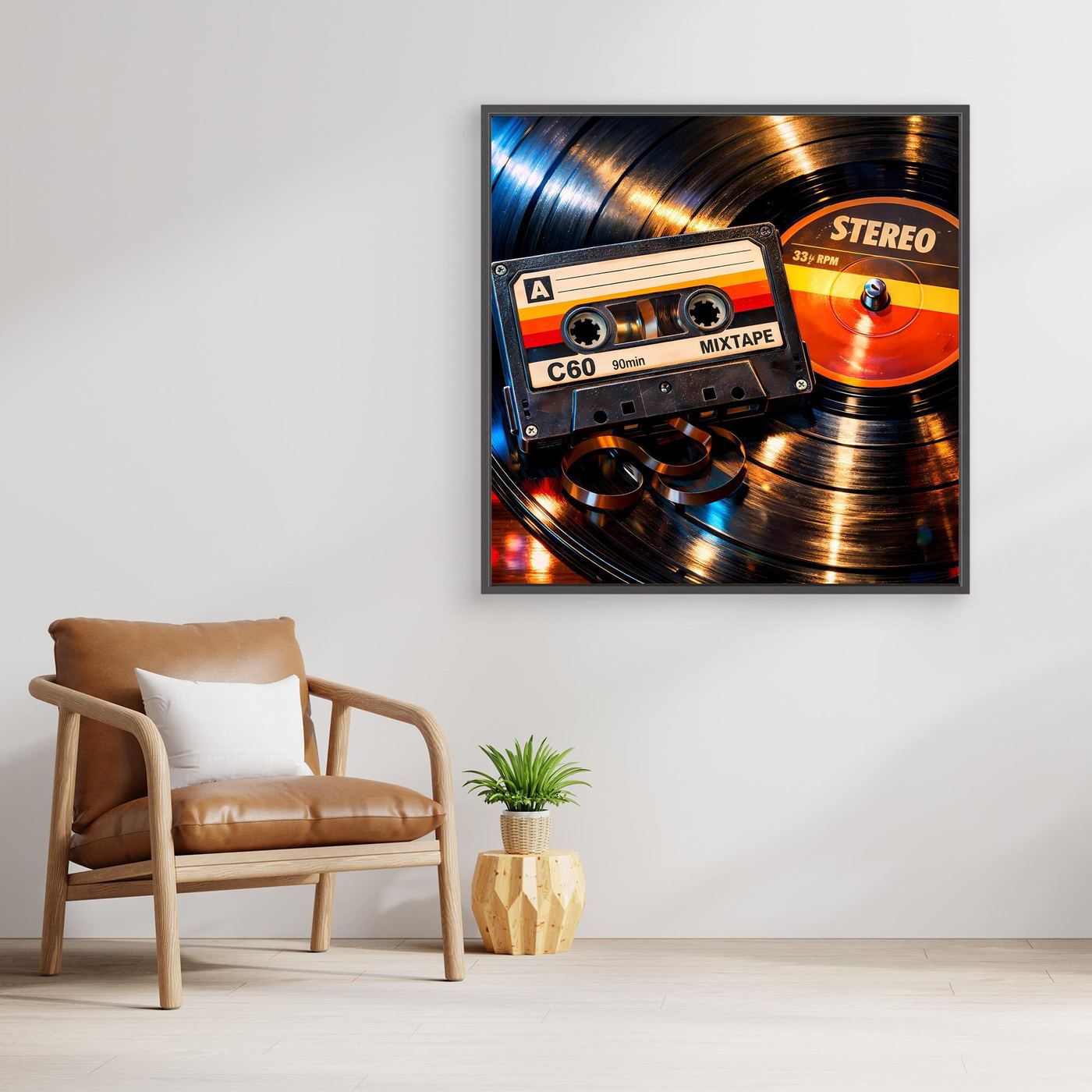 Gerahmtes Leinwandbild mit hellem Holzrahmen: Vintage Schallplatte mit Kassette im Farbmix